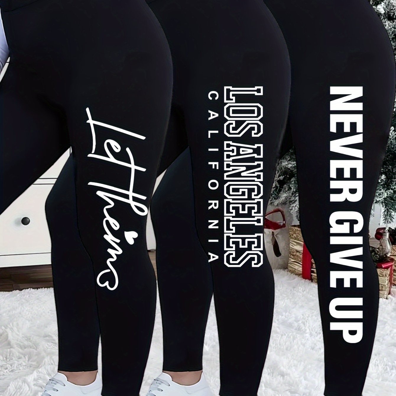 TEMU Plus Size - Plus Size - Christmas Extended 3pcs Set Plus Size Trousers, Women's Plus Size Elastic Waist Long Trousers Leggings For Women