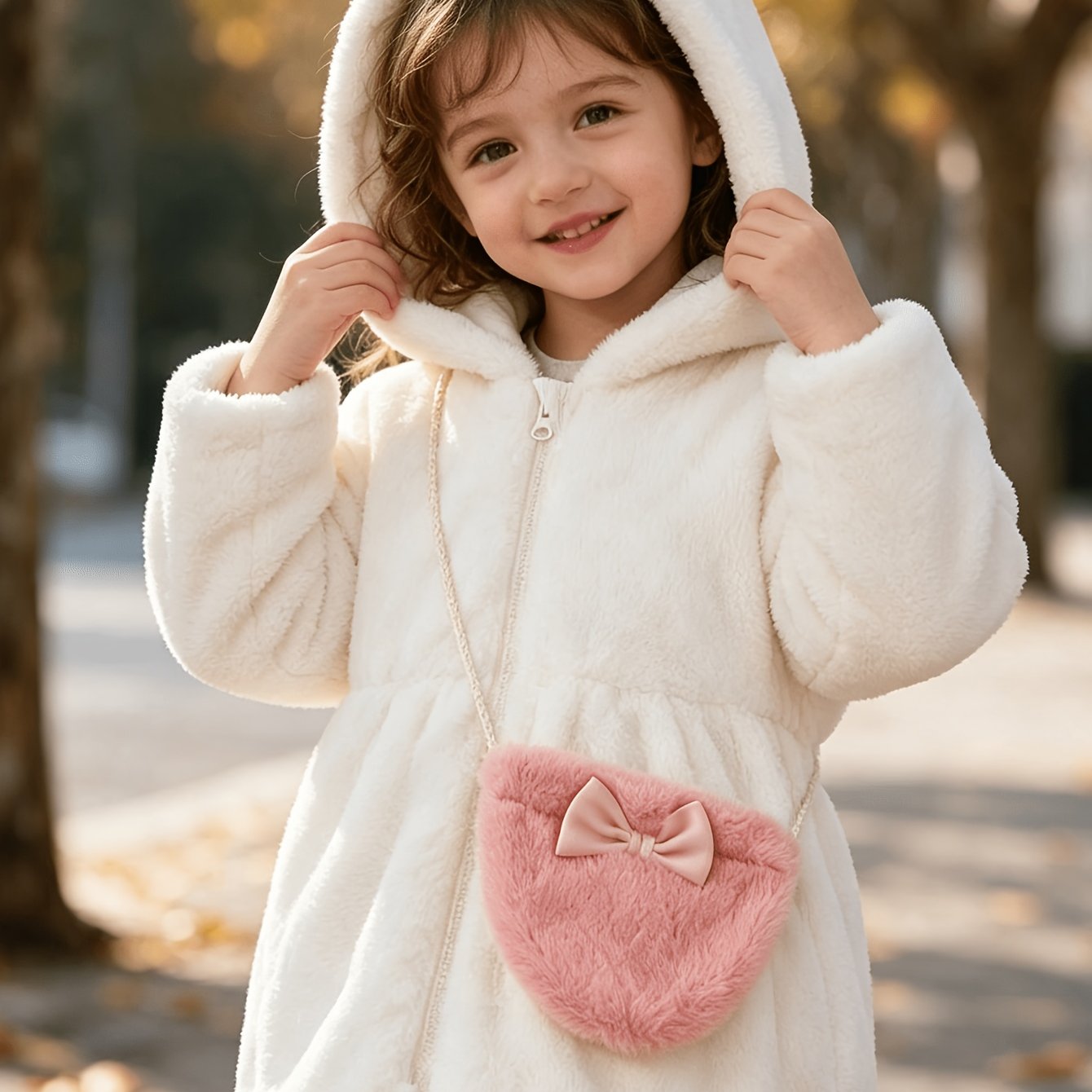 Image of Girls' Autumn Winter New Hooded Plush Thickened Outdoor Jacket And Heart-shaped Crossbody Bag