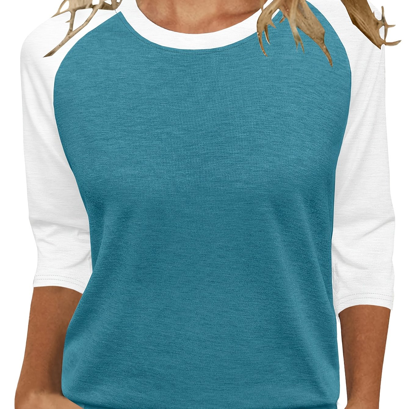 TEMU Women's 3/4 Sleeve Basic Top, Fashionable And Elegant Round Neck Color Block Shirt, Comfortable And Loose Casual 3/4 Sleeve T-shirt