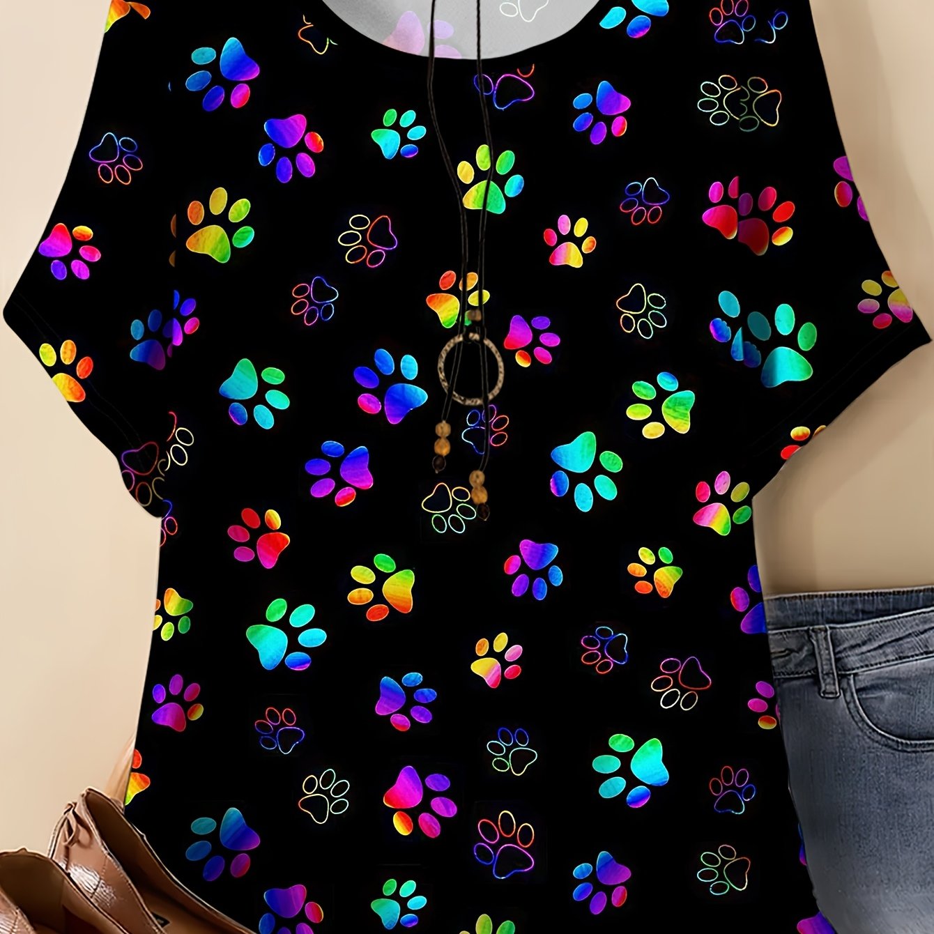 TEMU Plus Size - Multicolor Gradient Paw Print Short Sleeve T-shirt, Fashionable Cool Loose Round Neck Top, Women' Clothing, Plus Size Women's Wear,