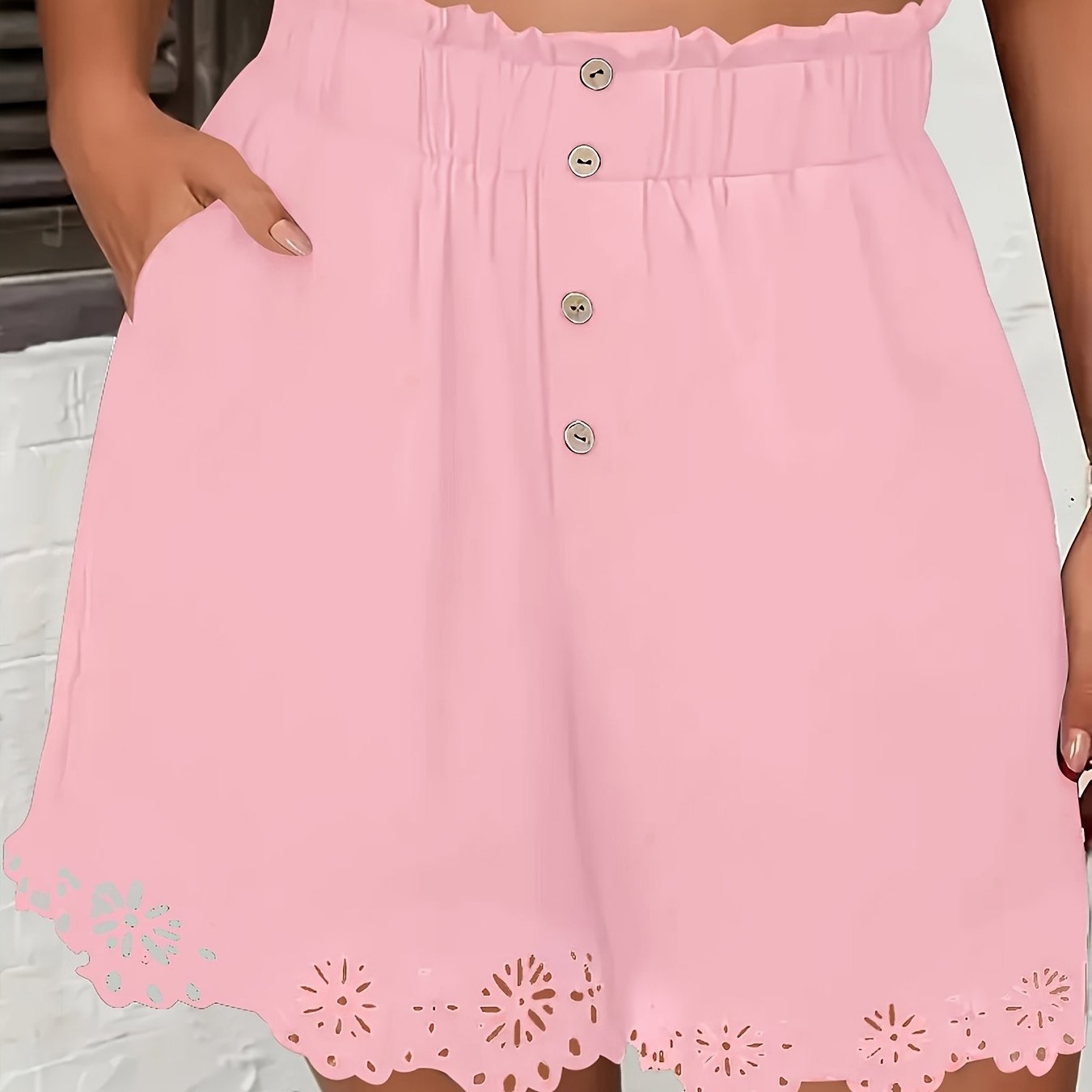 TEMU Plus Size - Plus Size - An Elegant Pair Of High-waisted Pocket Shorts For Women, Made From Fabric. Casual Shorts Feature Floral Lace Details And