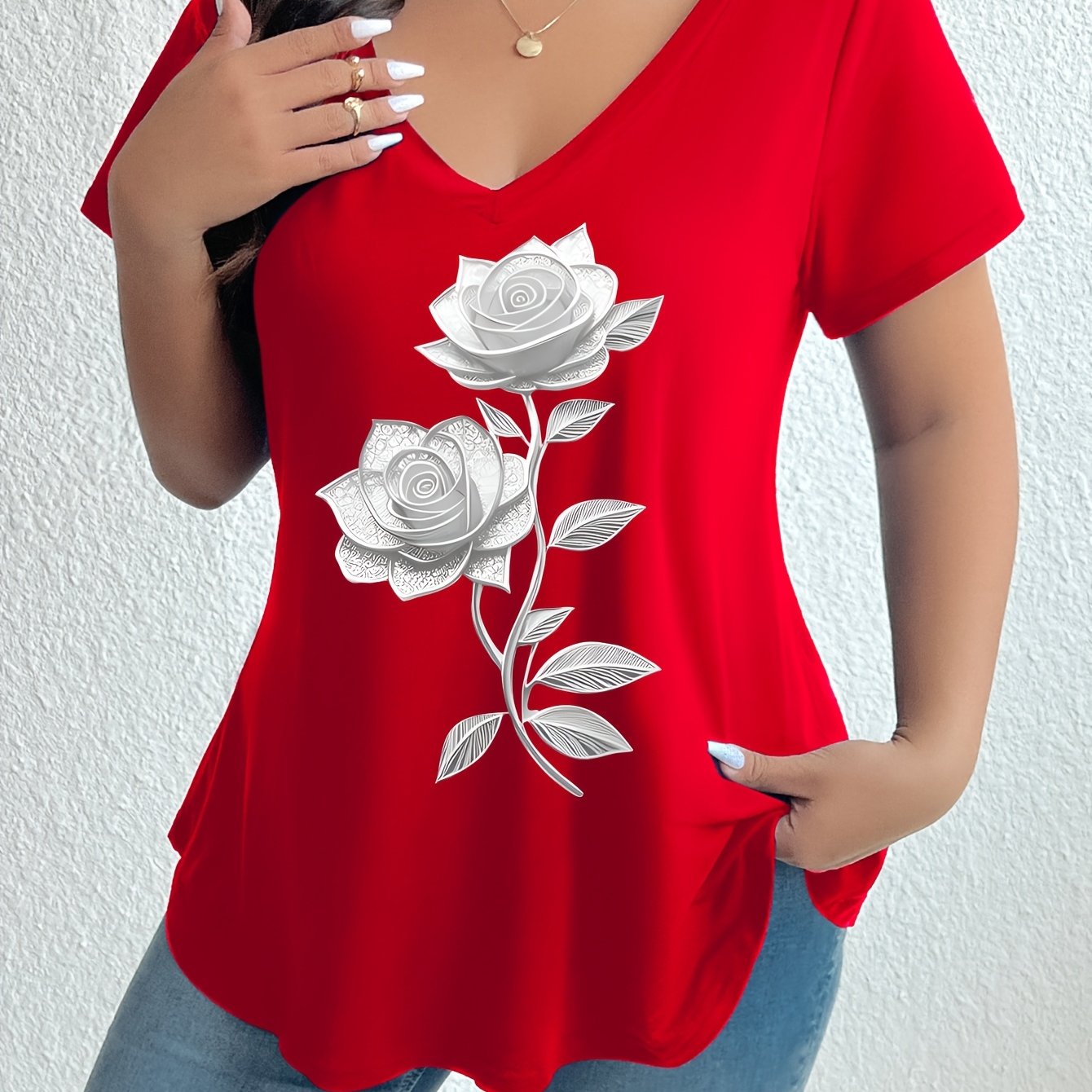 TEMU Plus Size, New Plus Size Printed Short Sleeve T-shirt Women's Casual V-neck Loose Comfortable Versatile Top
