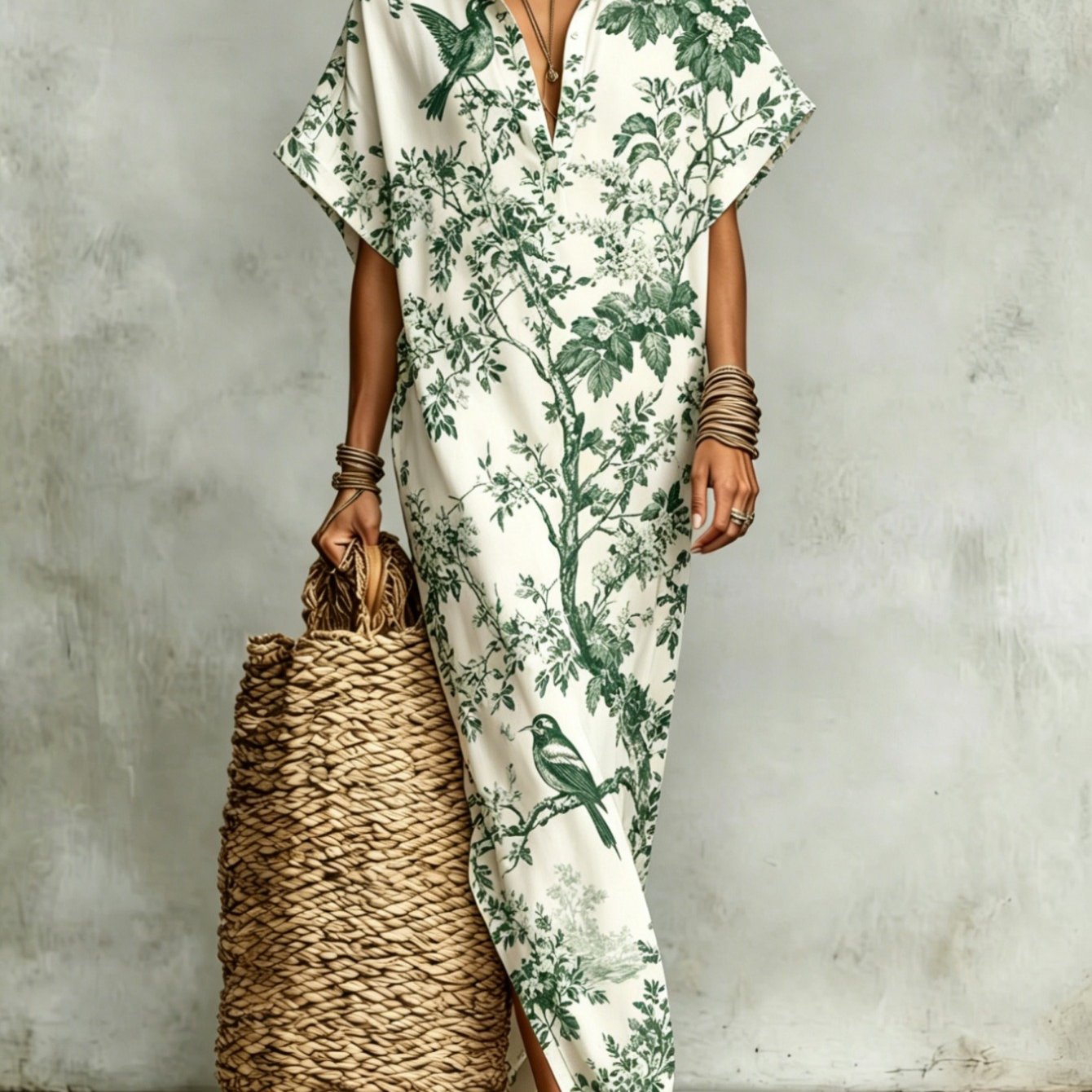 Image of Summer Floral Print Maxi Dress For Women, Lightweight And Breathable Long Dress For Beach, Garden, Or Casual , White With Green Pattern, Perfect For Warm Weather Relaxation