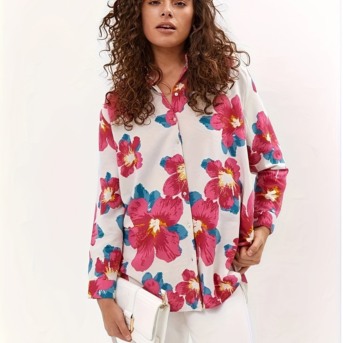 floral print button front blouse casual long sleeve blouse for spring fall womens clothing