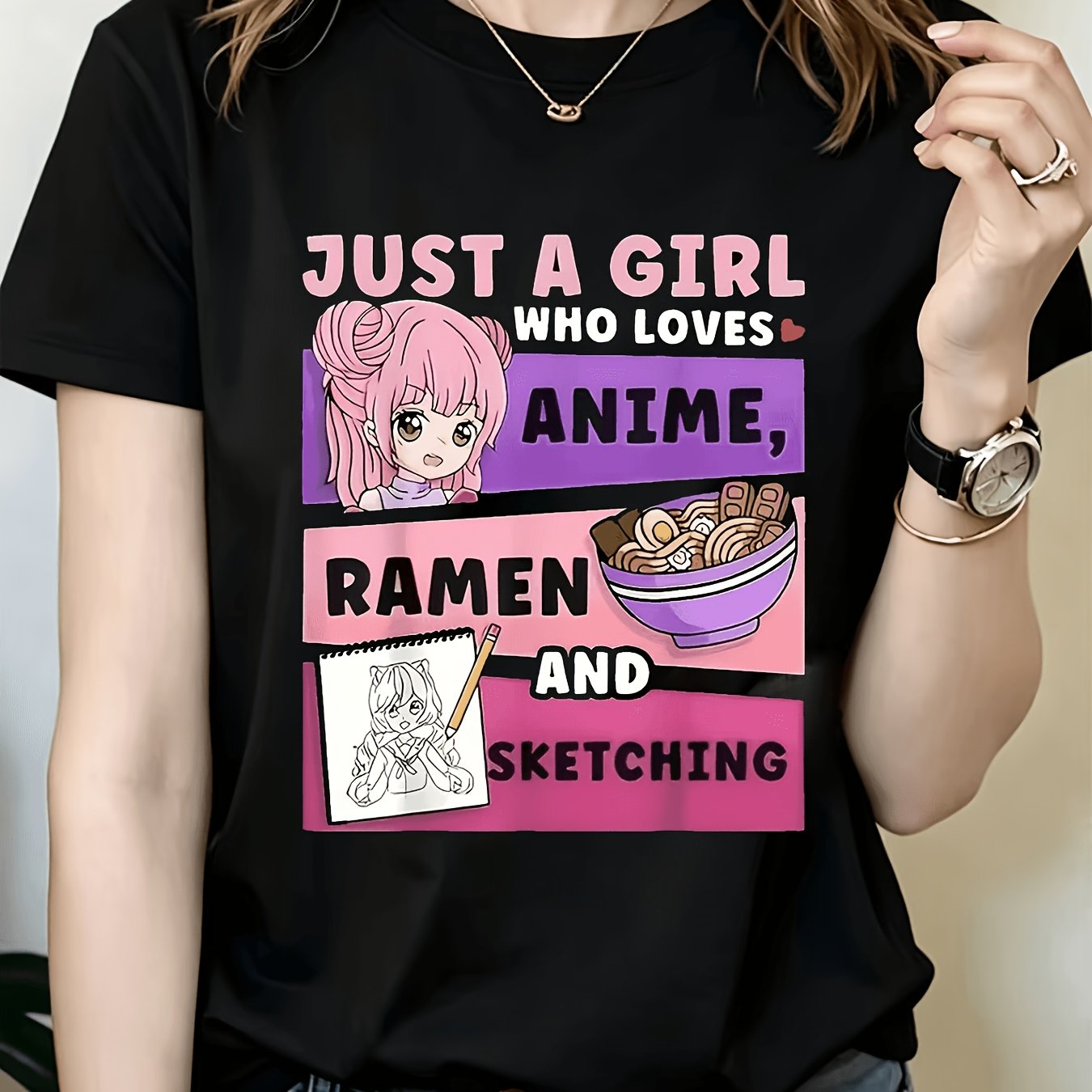 Image of Women's "just A Who Anime, Ramen, And Sketching" Graphic Tee - Vibrant Black Tee With Pink And Purple Design, Casual Short-sleeve Top, For Anime Fans, Fashionable Everyday Wear