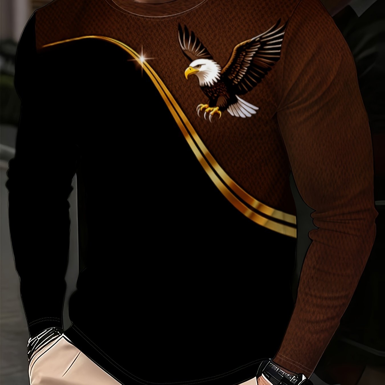 TEMU Men's Crew Neck Long Sleeve T-shirt For Adults, Suitable For , Dates, Lounging, , And Short Trips. Features A Full-print White-headed Eagle With