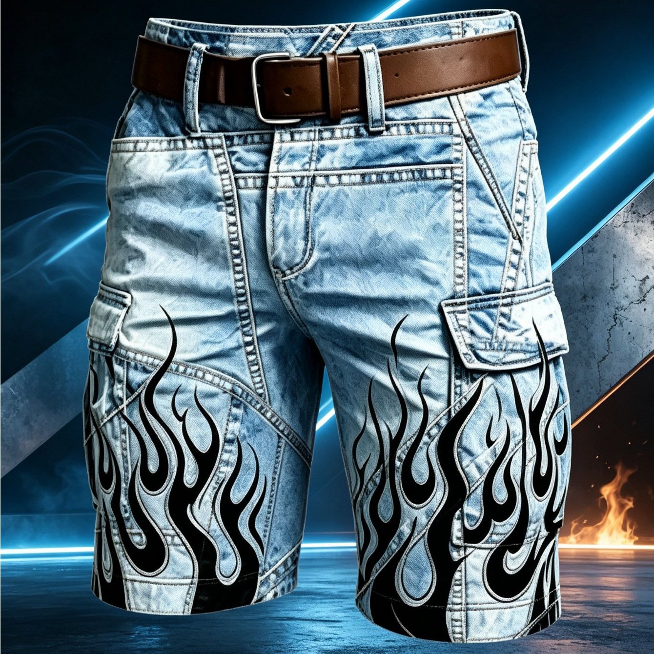 Image of Men's Plus Size Vintage Washed Denim Cargo Shorts, Black Flame All Multi Pockets Casual Work Shorts, Loose Fit Streetwear Knee Length Denim Short Pants For Daily Outdoor Summer Wear, Plus Size