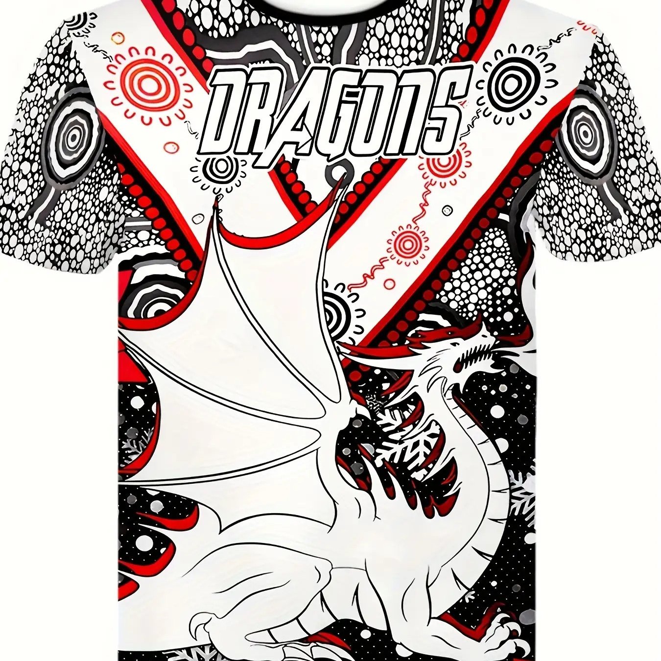 TEMU 3d Dragon T-shirt For Men | Short Sleeve Round Neck Summer Top With Vibrant Red And Black , Machine Washable Breathable Fabric, Non-transparent