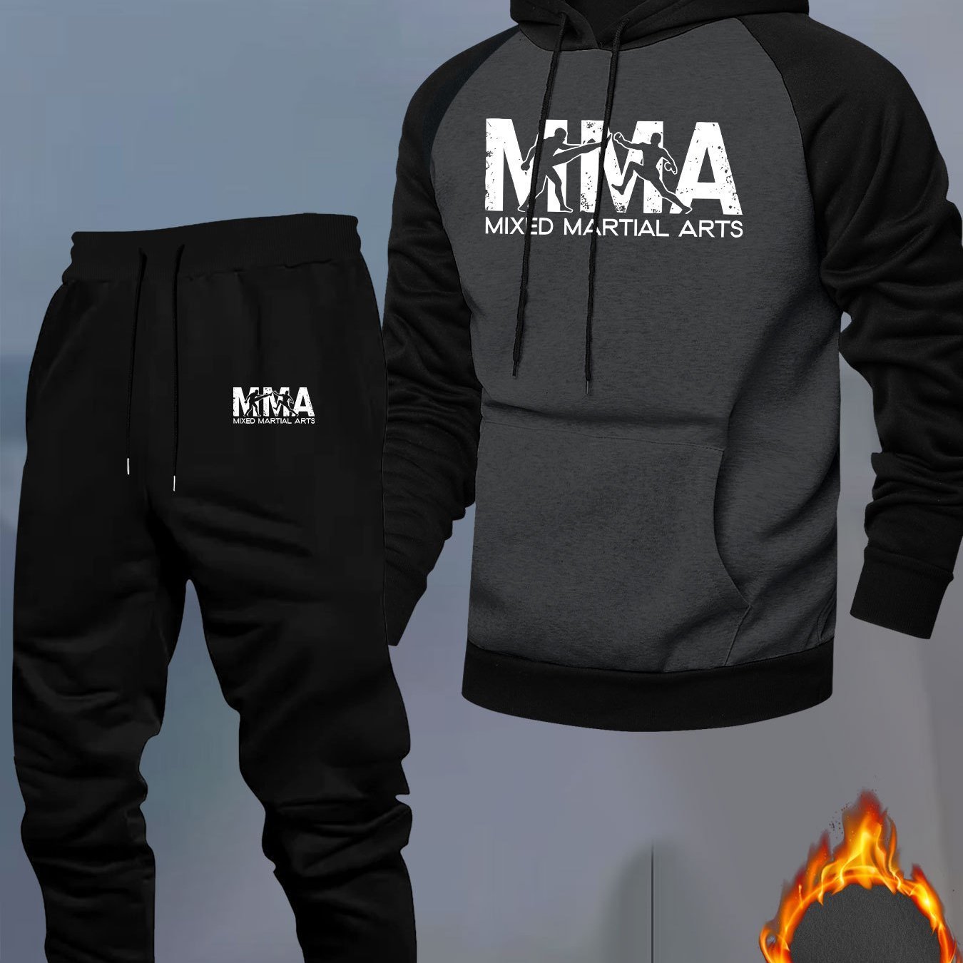 TEMU Conjunto deportivo casual para hombre con raglán y capucha, con gráficos de MMA, un conjunto de dos piezas con un hoodie a bloques de color que