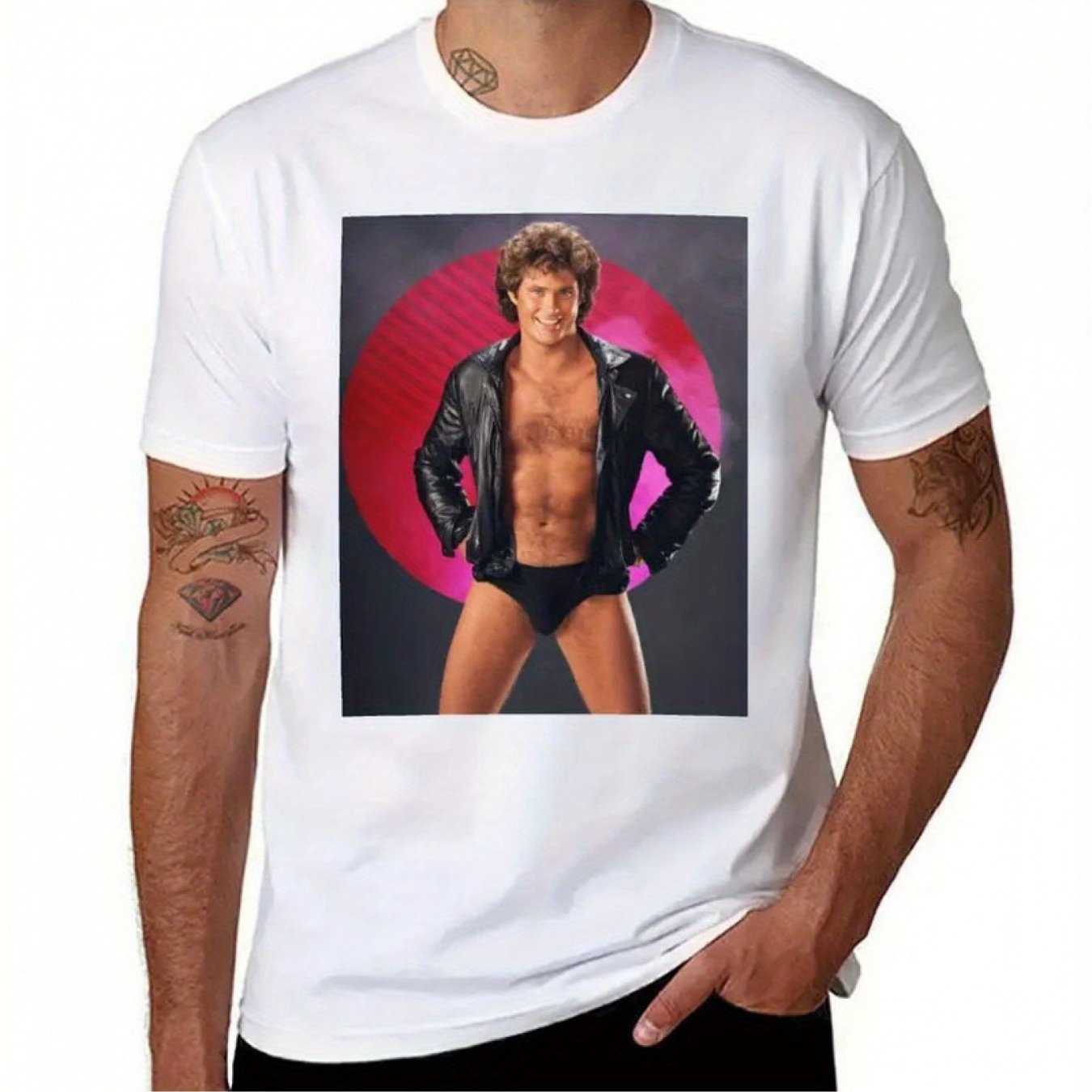 Men's Vintage David Hasselhoff Graphic T-shirt- Retro Style Casual Summer Tee, Black, Short Sleeves, Machine Washable