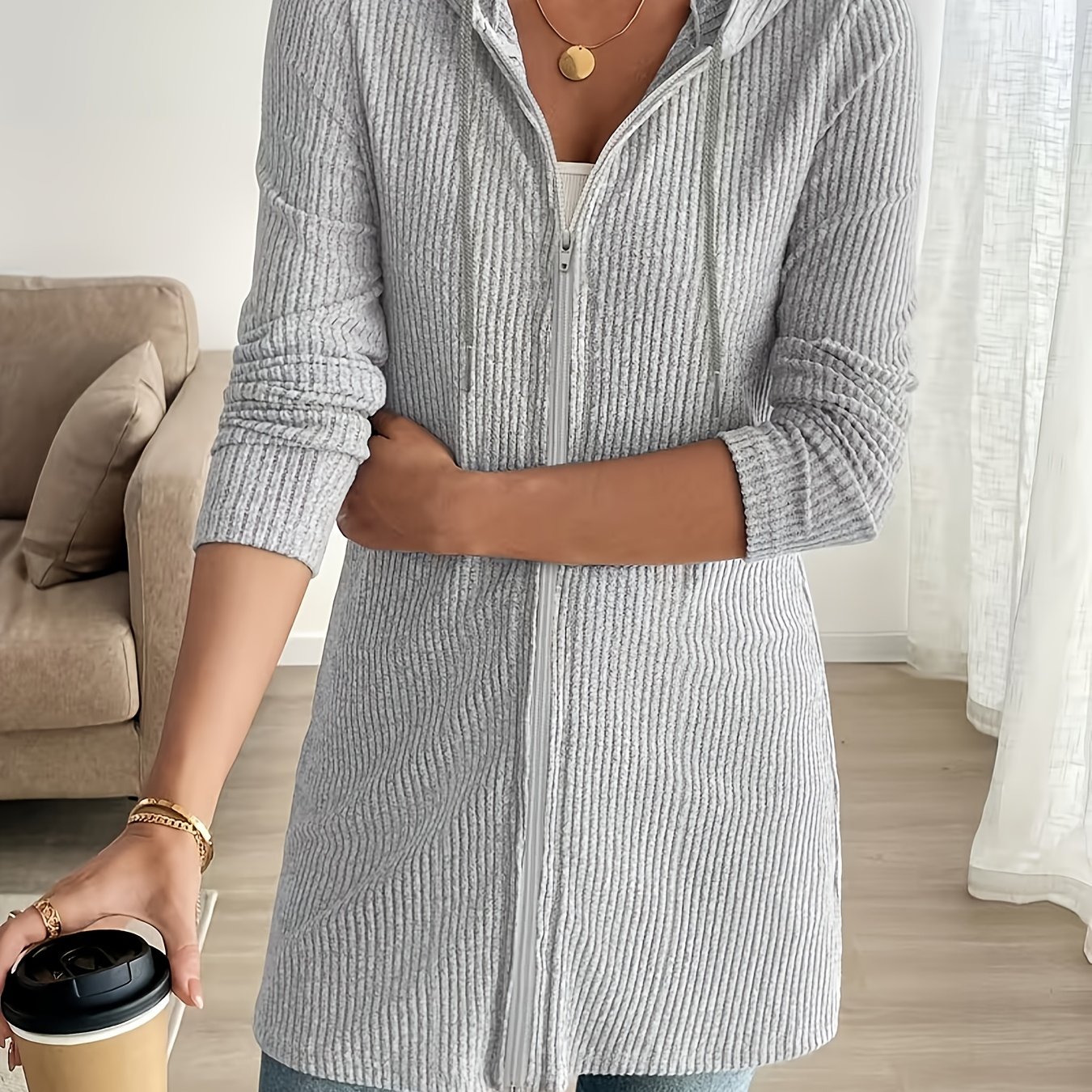 Image of Casual Solid -up Hoodie, Drawstring Hooded Sweatshirt Jacket, Women's Casual Outerwear, Fashionable Spring/autumn Hooded Jacket, Office & Casual Women's Top