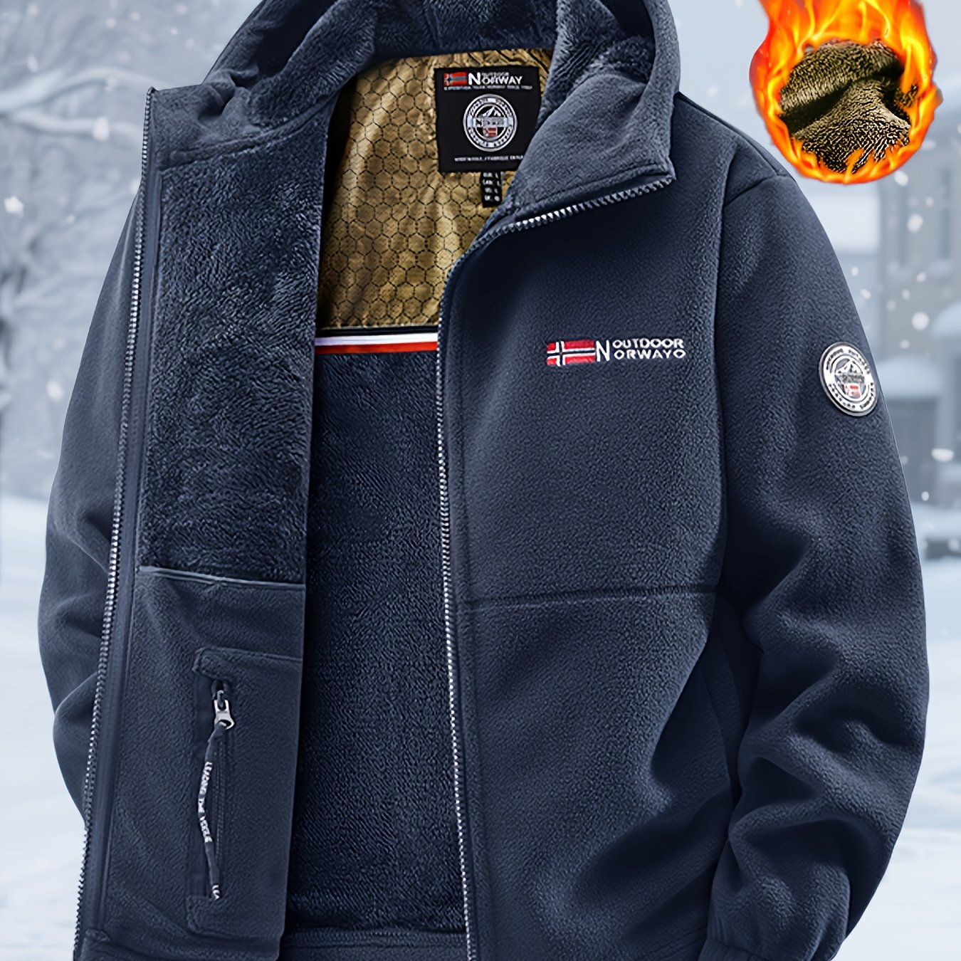 Men s Heavyweight Winter Jacket with Hoodie & Full-Zip Closure - Insulated Thermal Coat for  , Loose-Fit Shell, 100% Polyester, Black with Red Lettering & Snowflake Design - Ideal for Commuting, Outdoor Activities, Travel - Durable Casual Winter Outerwear