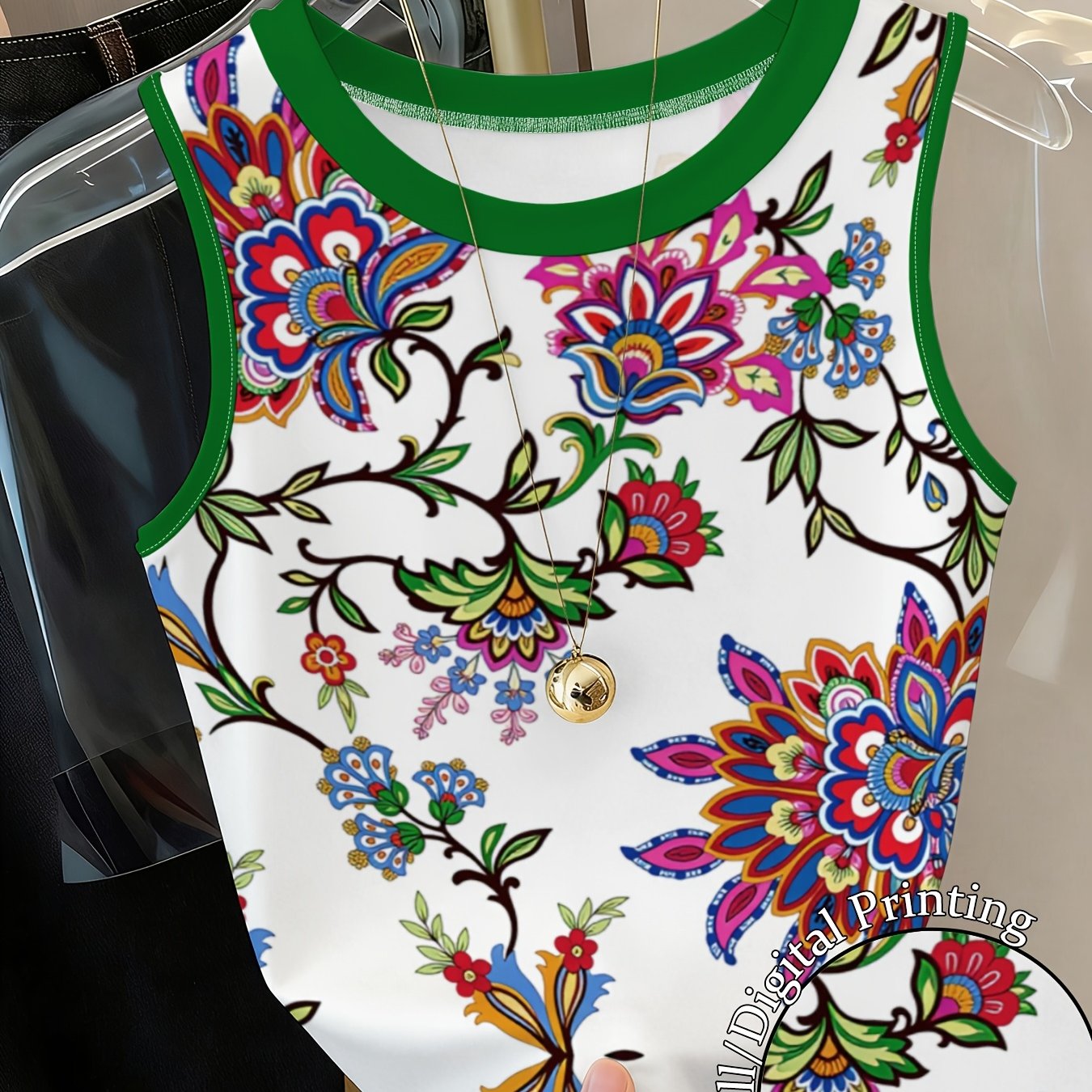 TEMU Women's Y2k Crew Neck Printed Tank Top, Slim Fit Sleeveless Top For Summer