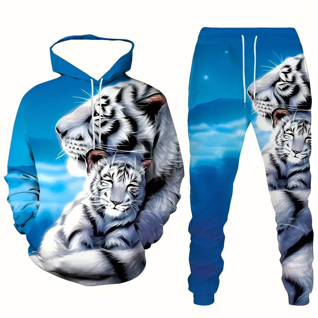 TEMU Plus Size Men's Comfortable 3d Tiger Print Hoodie And Drawstring Pocket Loose Jogger Pants Set - Made From And Cozy Fabric, Featuring A Relaxed