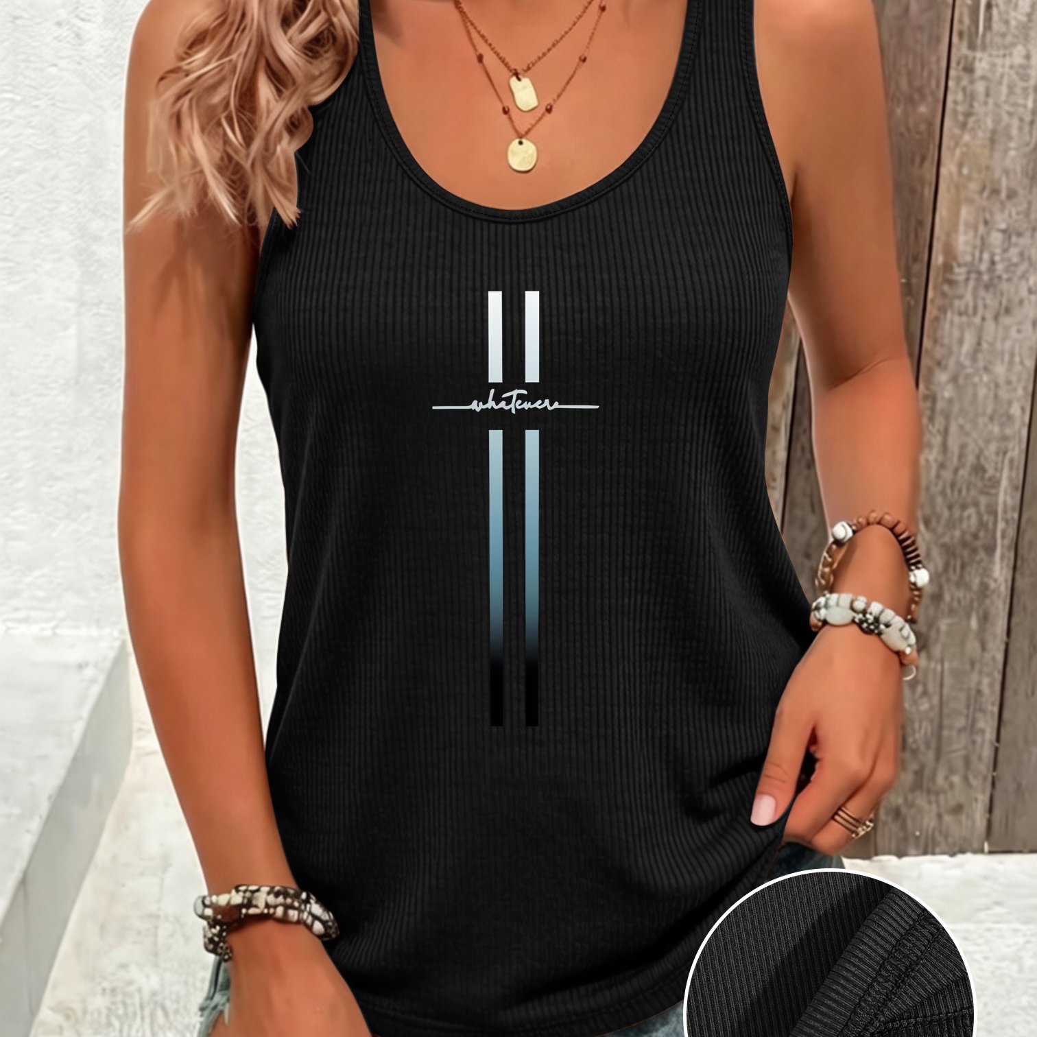 TEMU Women's Spring Summer Fashion Casual Sleeveless Off-shoulder Cami Ribbed Long Vest, Easy Line Print Design, Leisure Vacation Women' Easy Casual