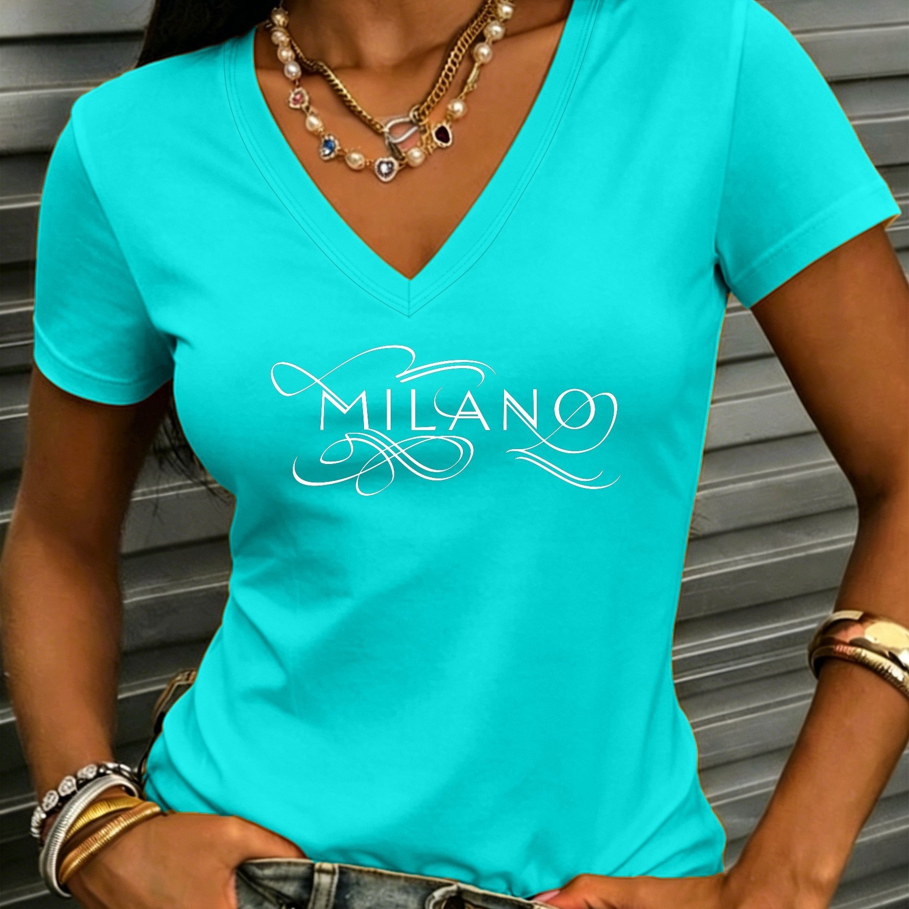 TEMU 15# Elegant Comfortable Breathable V-neck Short Sleeve Casual Versatile T-shirt Women's Summer Essential Travel Date Gift Vacation Beach Text