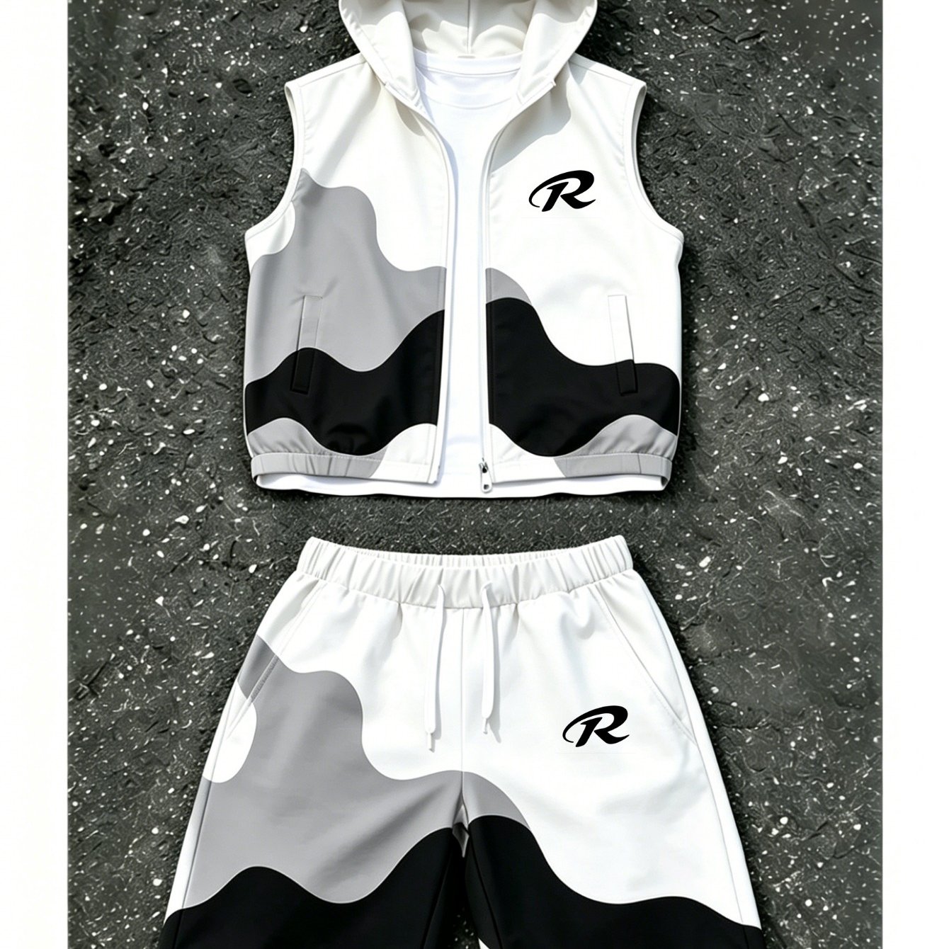 Image of Men's Casual Suit Two-piece Set: Men's Hooded Sleeveless Zip-up Vest And Drawstring Waist Sports Shorts. Full-print Wave Gradient Print Vest And Shorts