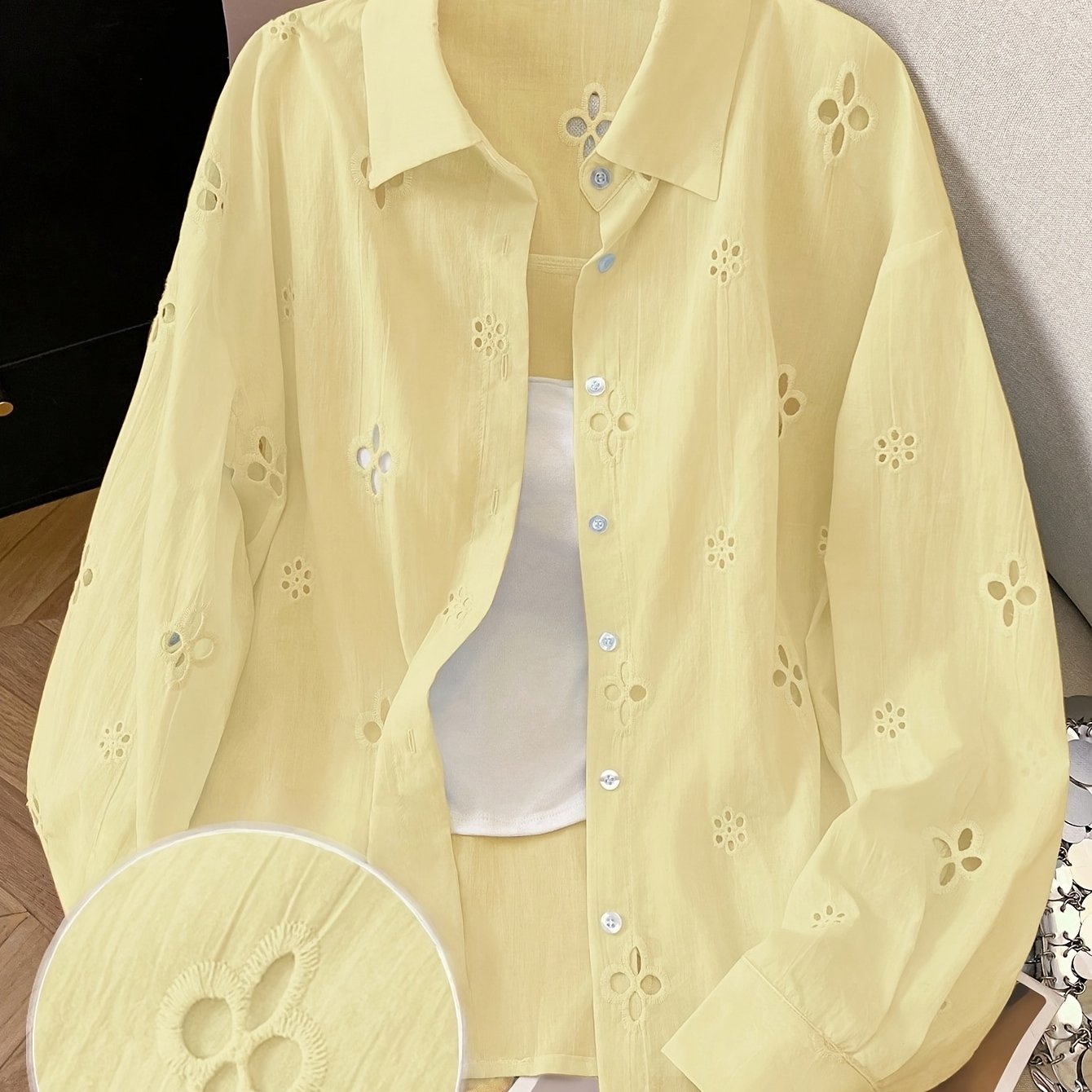 TEMU Women' Color Simple Casual Hollow-out Long Sleeve Shirt