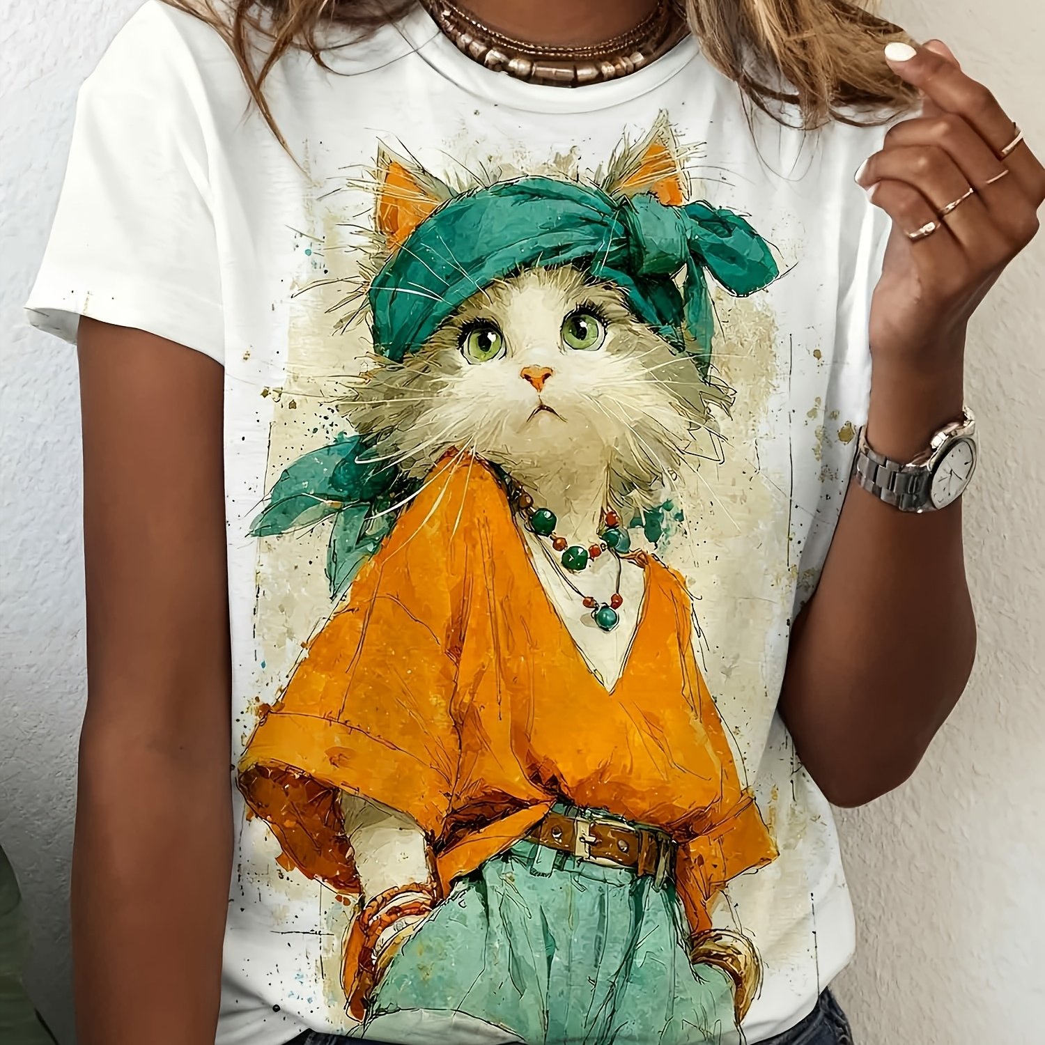 TEMU Tenue pour bohème à imprimé chat, T-shirt décontracté Y printemps/été, haut à manches courtes et col rond, couche de base polyvalente, imprimé