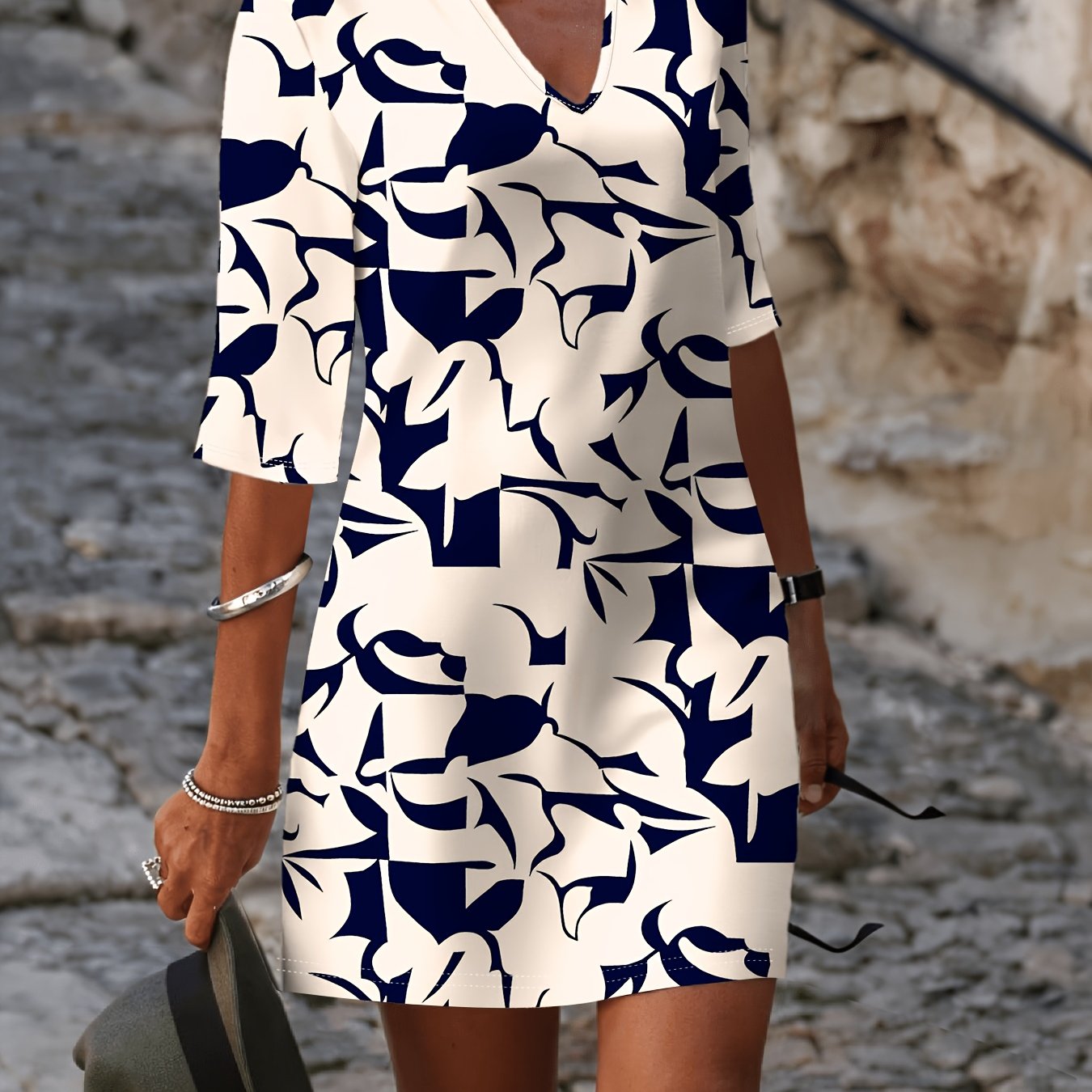 Artistic Loose V-neck Printed Dress For Daily Commuting