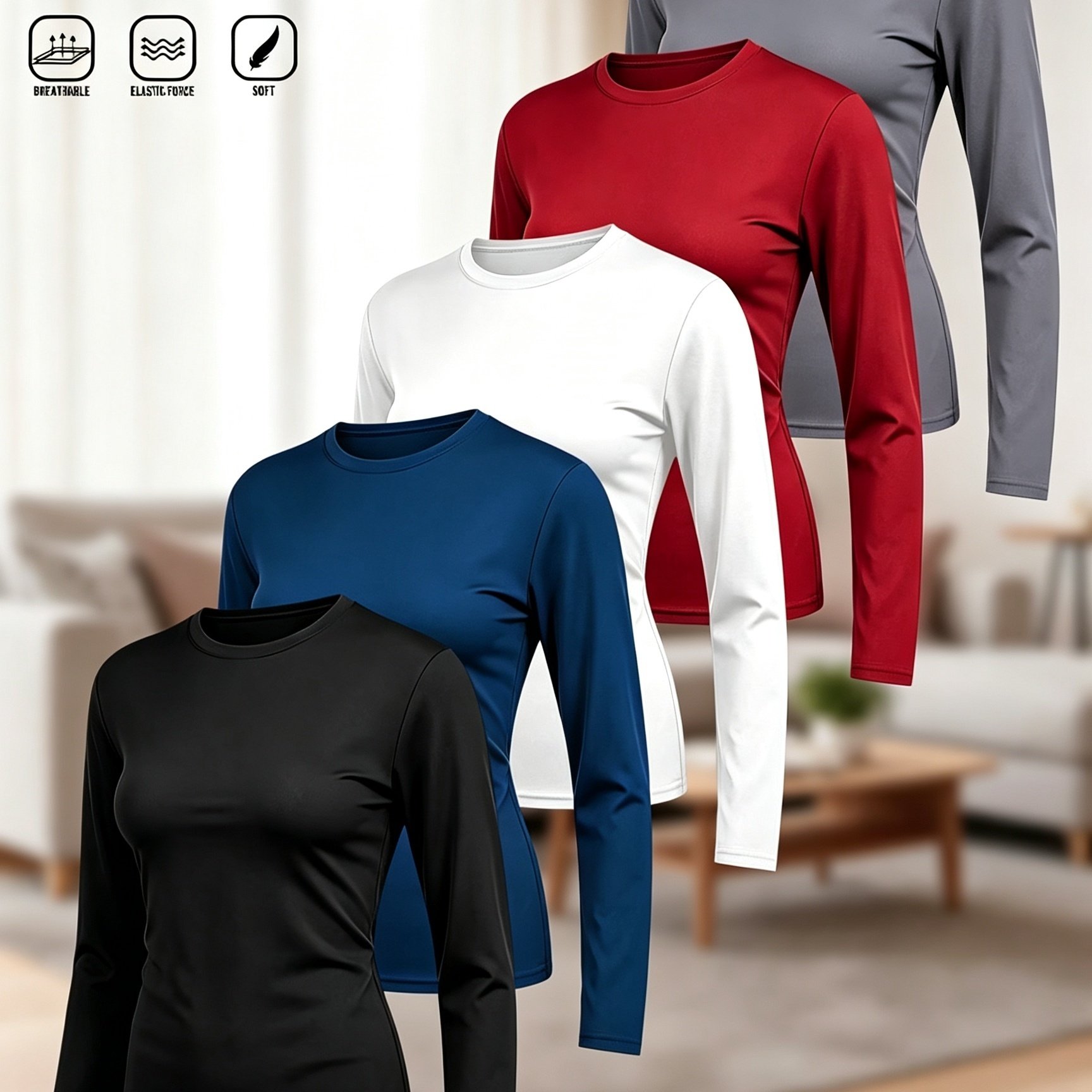 TEMU 5pcs Women's Sports Long Sleeves, Casual Solid Color Long Sleeve Shirts, Breathable Quick-dry Crew Neck Tops, Blouses, Quick-dry T-shirts, Long
