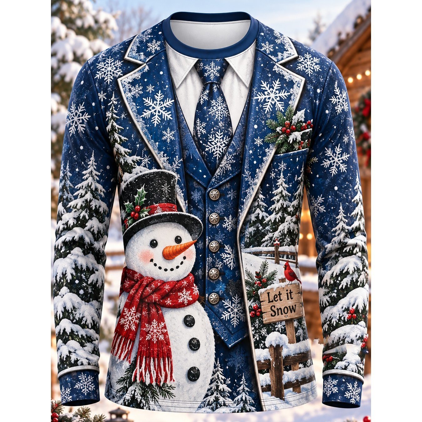 TEMU [print Design - No Texture] Men's Long-sleeve Snowman Print T-shirt, Suitable For Winter Christmas Holiday Parties, Home Or Outing Wear