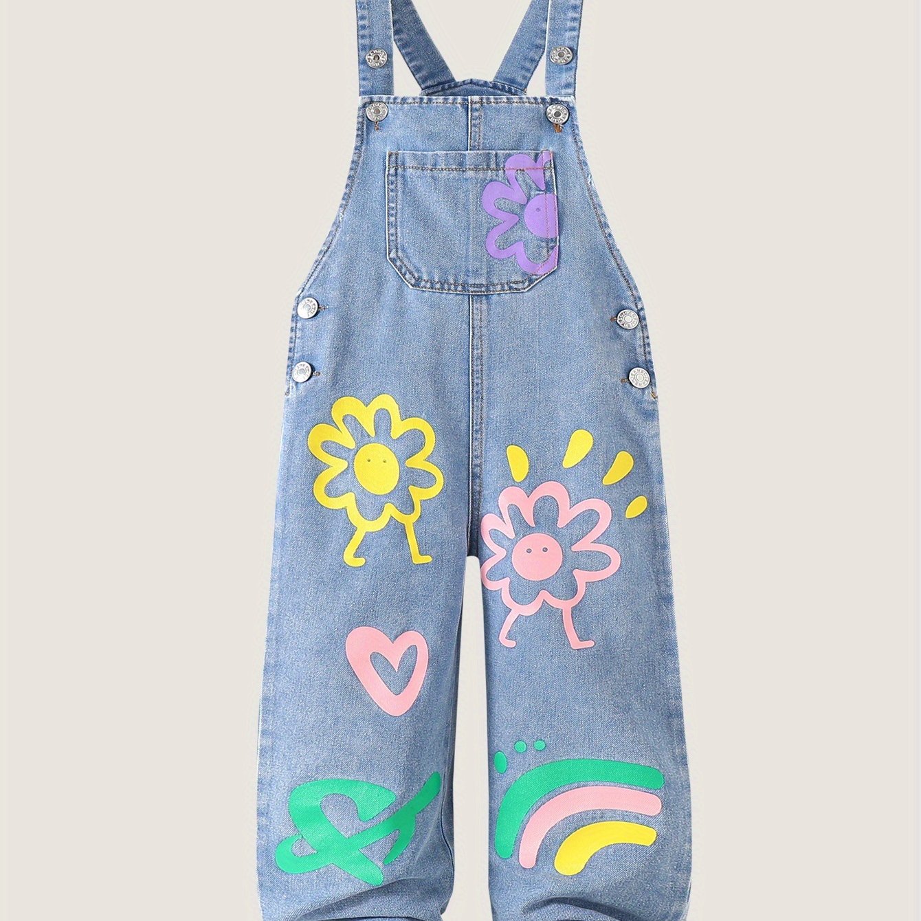 Image of Girls' Fashion Denim Suspender Pants With Button Decoration, Single Pocket, Floral Print, Loose Fit, Ankle-length, Summer Casual Overalls, Perfect For Outdoor