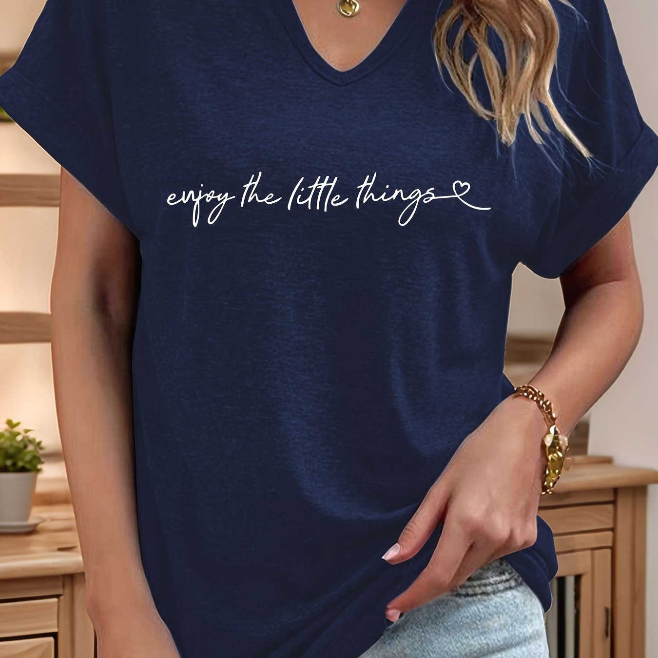 TEMU "enjoy Little Thing" Letter Printed T-shirt, Casual Roll Sleeve Notch V-neck Top Summer/spring, Women's