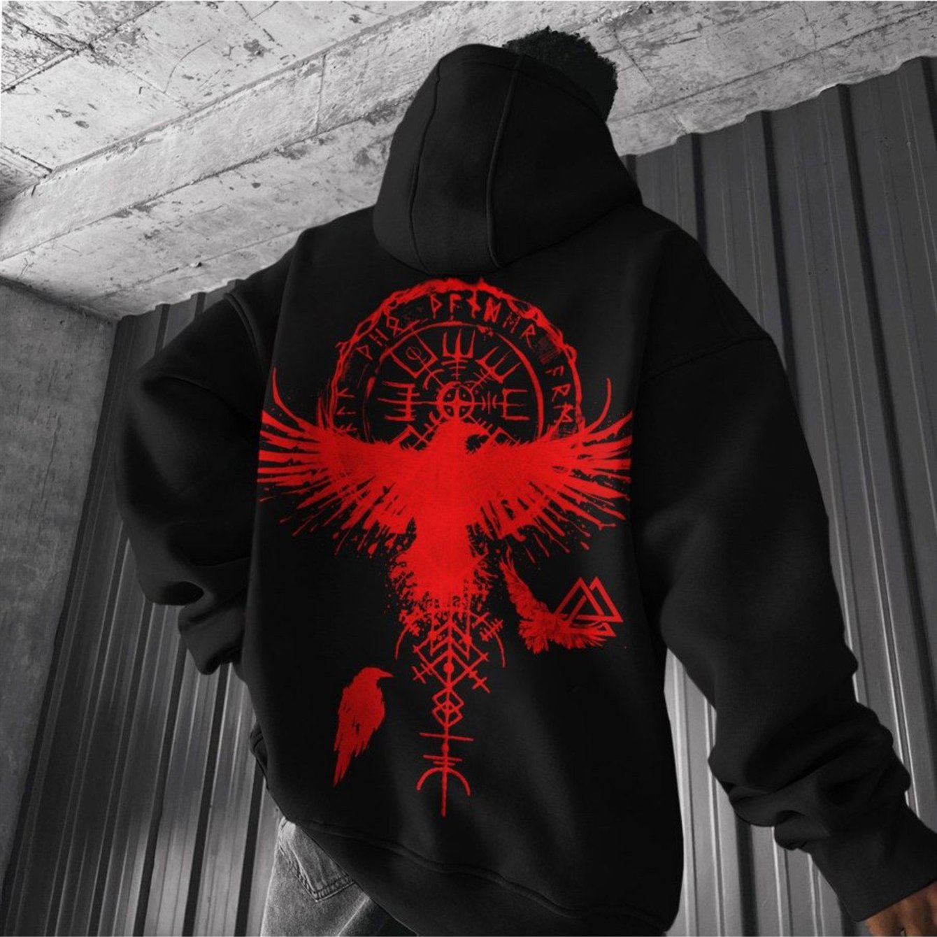 Men's Heavyweight Gothic Hooded Sweatshirt - Wing & Print Hoodie, Loose Fit Pullover With Kangaroo Pocket, Streetwear For Gym, Concerts, Festivals - Gothic Style Casual Sweater Hoodie For Men