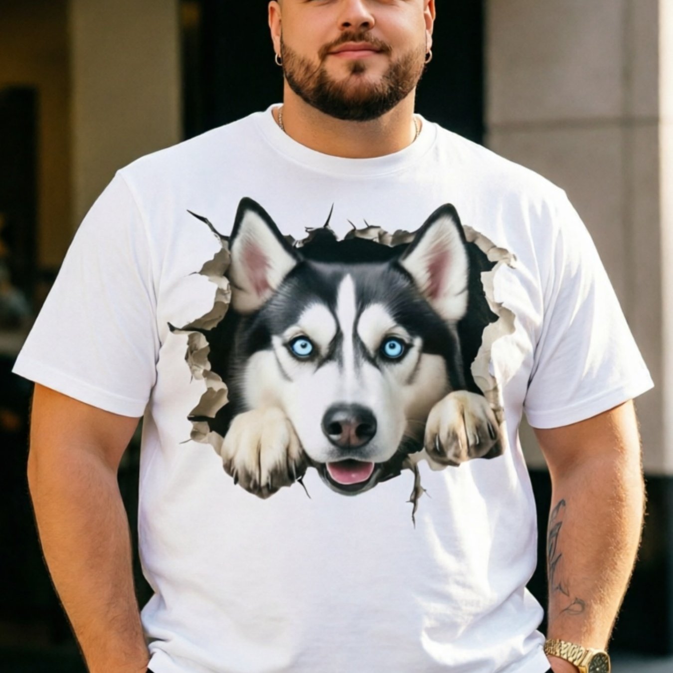 TEMU Men's Plus Size T-shirt, Puppy Portrait Husky Print Short Sleeve, Summer Breathable Top, Suitable For Daily , Parties, Outdoor Activities, Gift