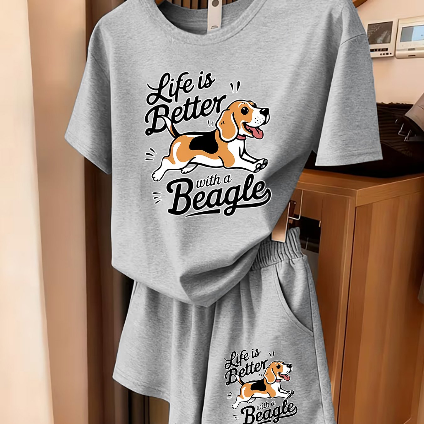 TEMU 2pcs Women's Summer Casual Athletic Short Sleeve Set - Cute Beagle Letter Print, Fun Pattern Short Sleeve And Shorts Set, Comfortable Soft