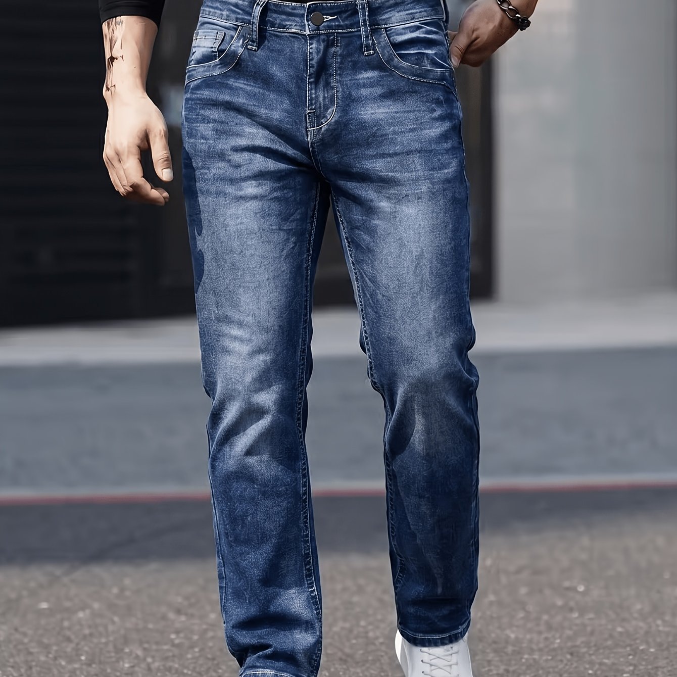 Image of Men's Jeans, Stretch Denim, Slim Fit, Skinny Pants, Slimming, Dark Blue, Men's Clothing, Men's Pants, Suitable For
