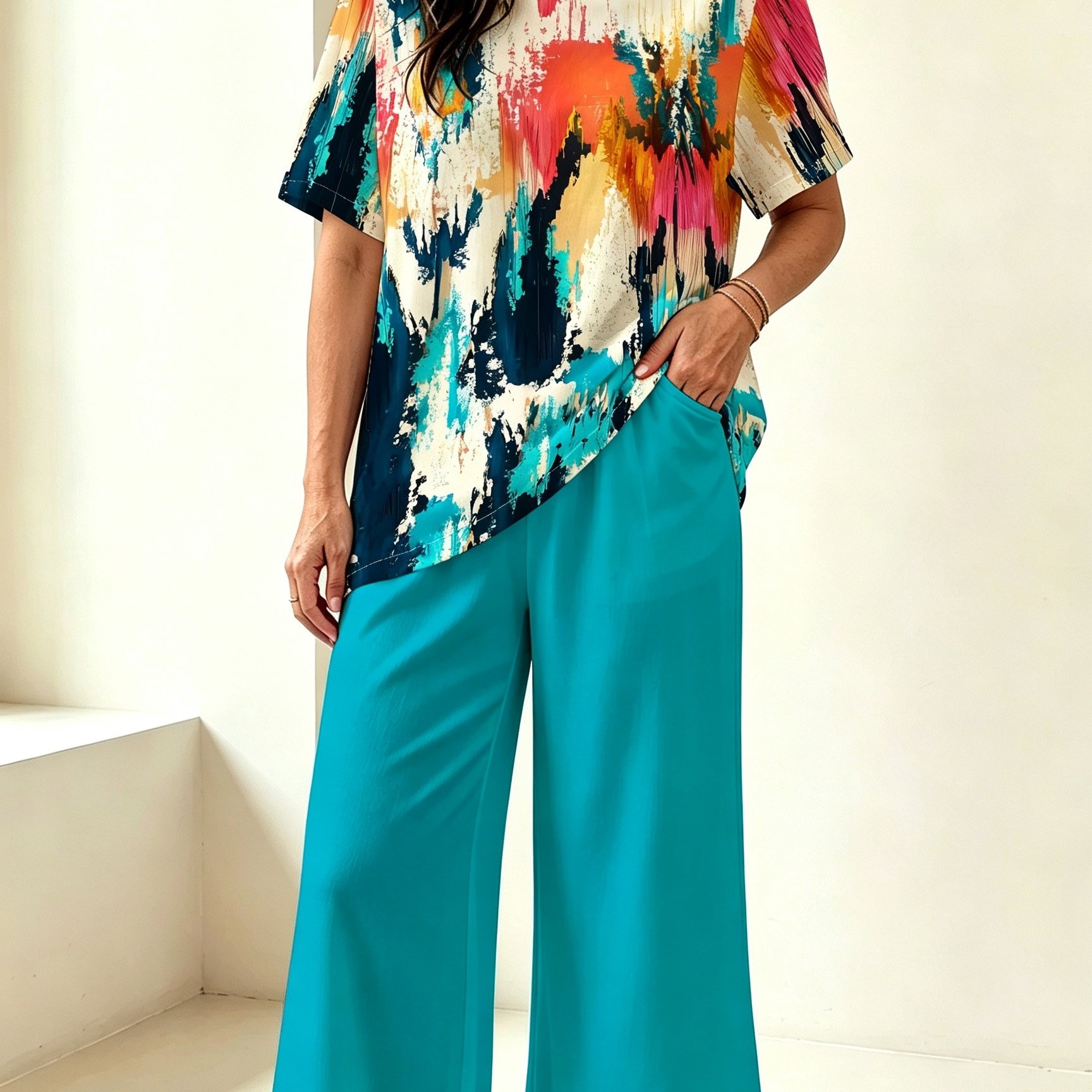 Image of Plus Size Women's Elegant Fashion Set, Round Neck T-shirt Painting Color-blocking Print Two-piece Set, Suitable For Home, Going Out, Travel, Parties, Vacation