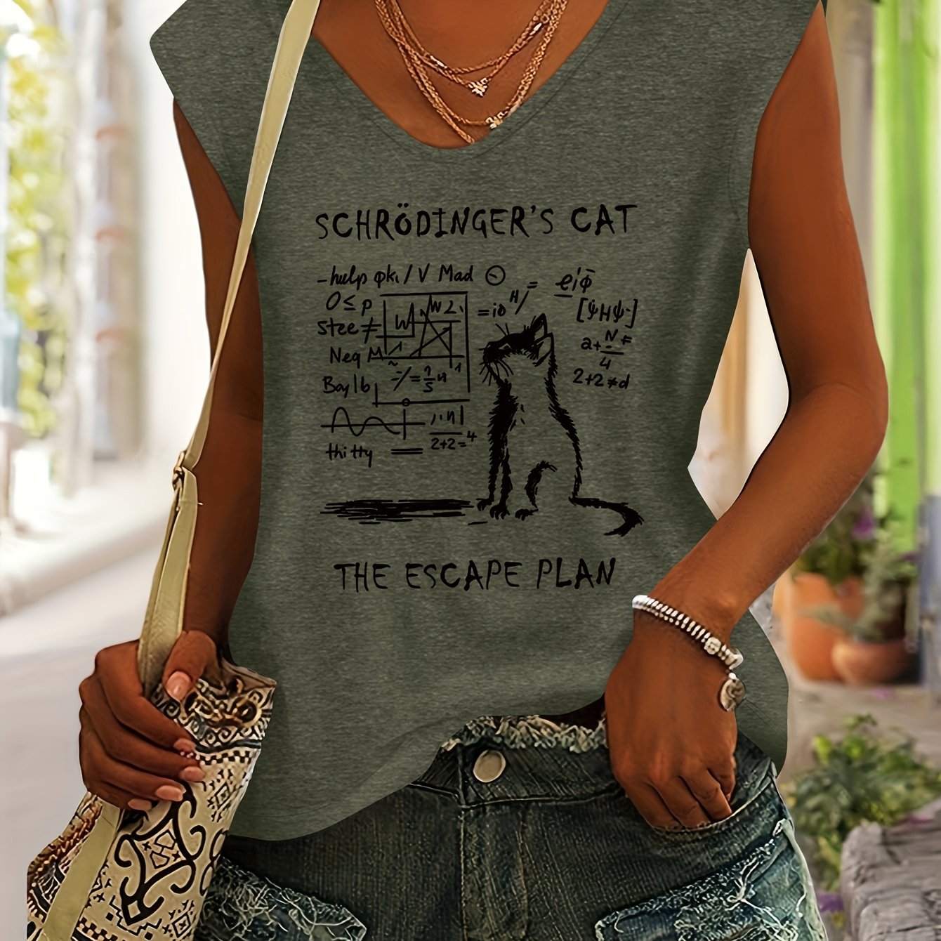 TEMU Women's 's Print V-neck Tank Top - Short Sleeve Blouse Suitable For Spring/summer Casual Wear, Colored Shirt With Iconic Physics, Machine