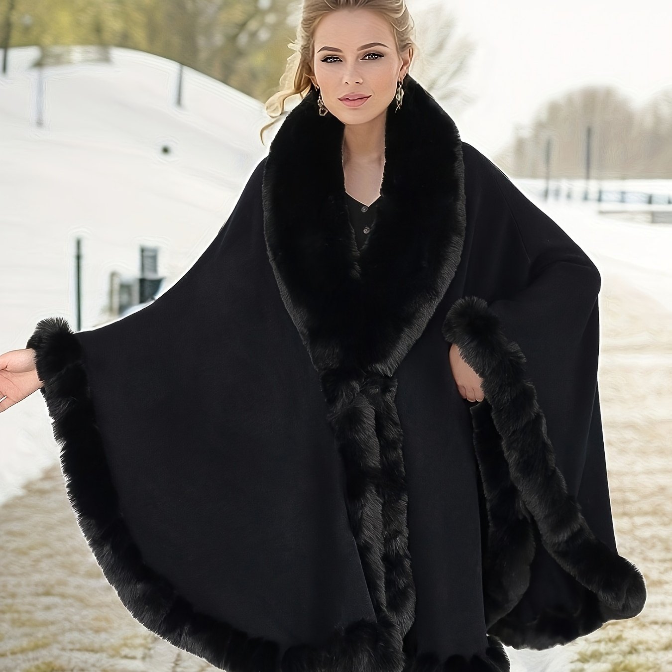 E-shop Übergröße, Herbst/Winter neuer Stil, Strickcape mit Kunst-Rex-Kaninchenkragen, Übergröße-Cardigan, lockere Oberbekleidung