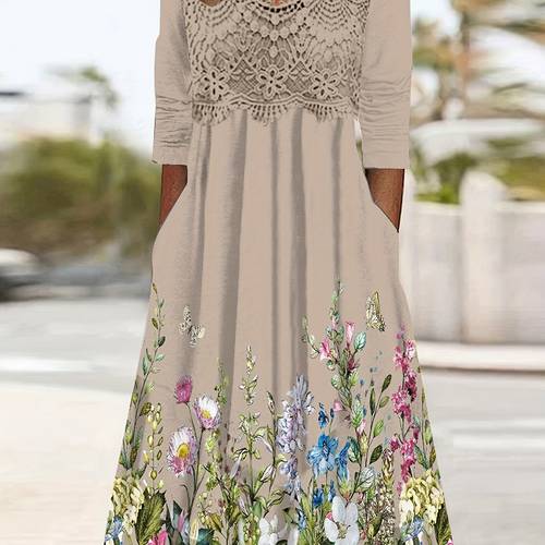 plus size plus size floral print v neck dress casual long sleeve contrast lace midi dress for winter fall womens plus size clothing