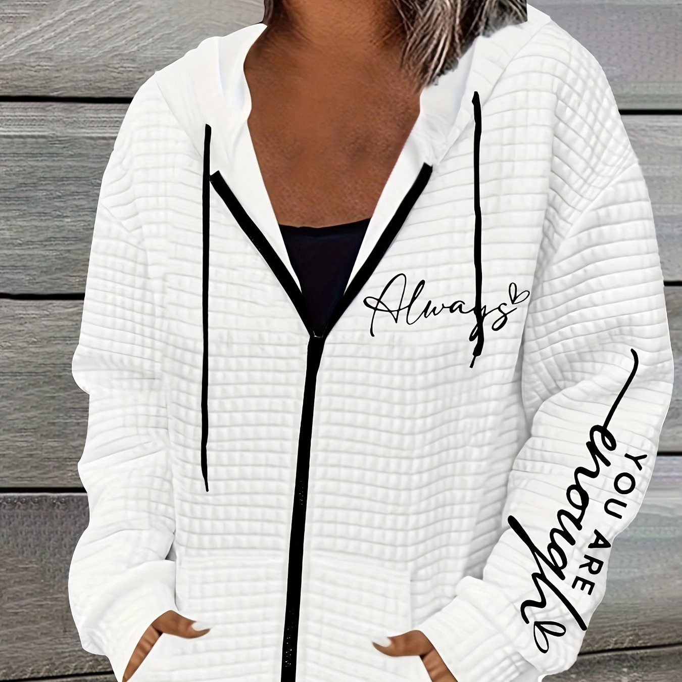 Women's Casual Waffle Zip-up Hooded Jacket With Letter Pattern Print, Lightweight Outerwear With Drawstring Hood And Front Zipper