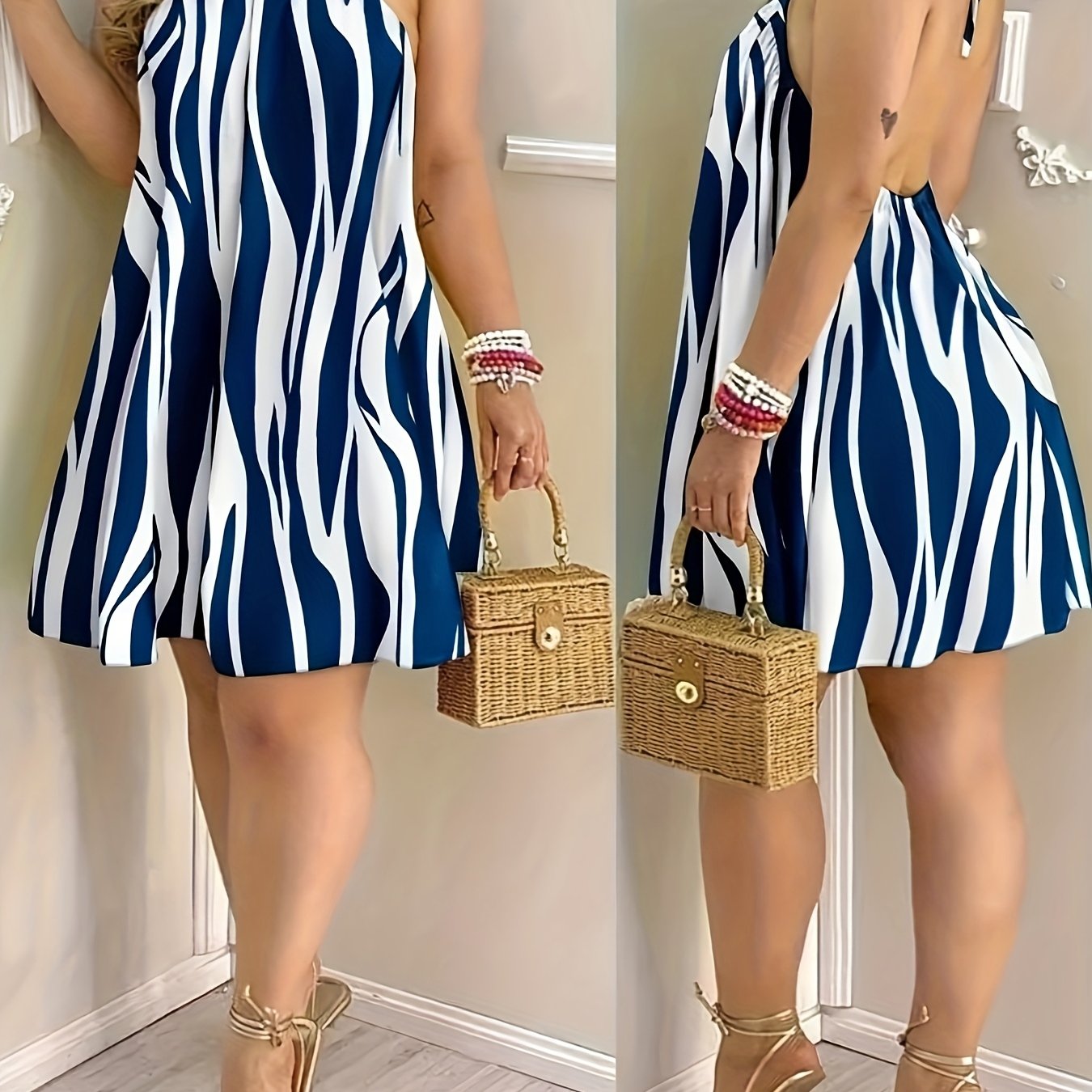 TEMU New Summer Style Women's Dress, Halter Neck With Back And Shoulder Cutouts, Thin Straps, Choker Neckline, Loose A-line Short Hem, Dress For