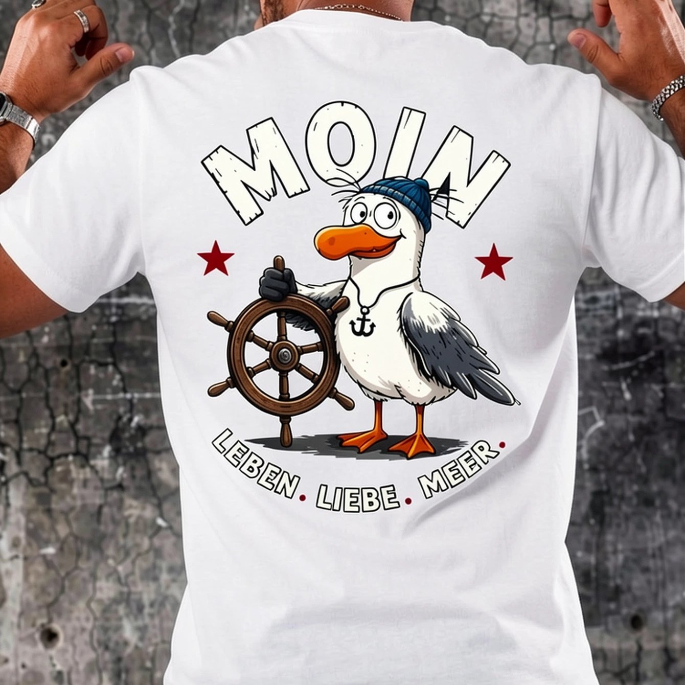 Image of Men' & Women' Moin Cartoon Seagull Anchor T-shirt - Nautical Maritime Round Neck Casual Shirt With Anchor & Seagull Print, Machine Washable Suitable For Wear, , Coastal Lifestyle