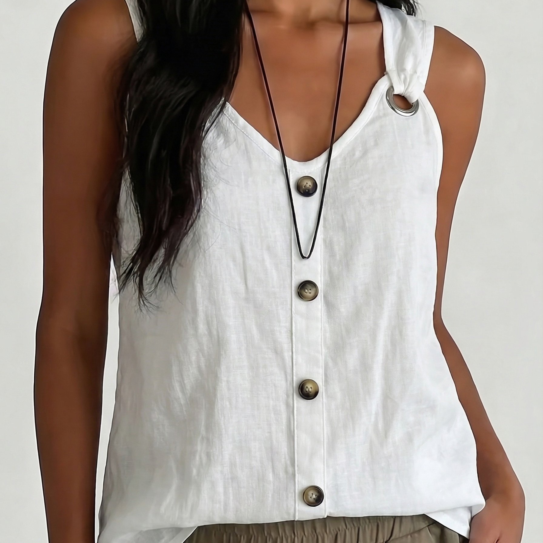 Image of Women's V-neck Metallic Sleeveless Vest, Single-button Loose Tummy Control Style, Lightweight Breathable Skin-friendly Fabric, Vacation Versatile Easy Casual Irregular Hem Top, Layered Inner Wear