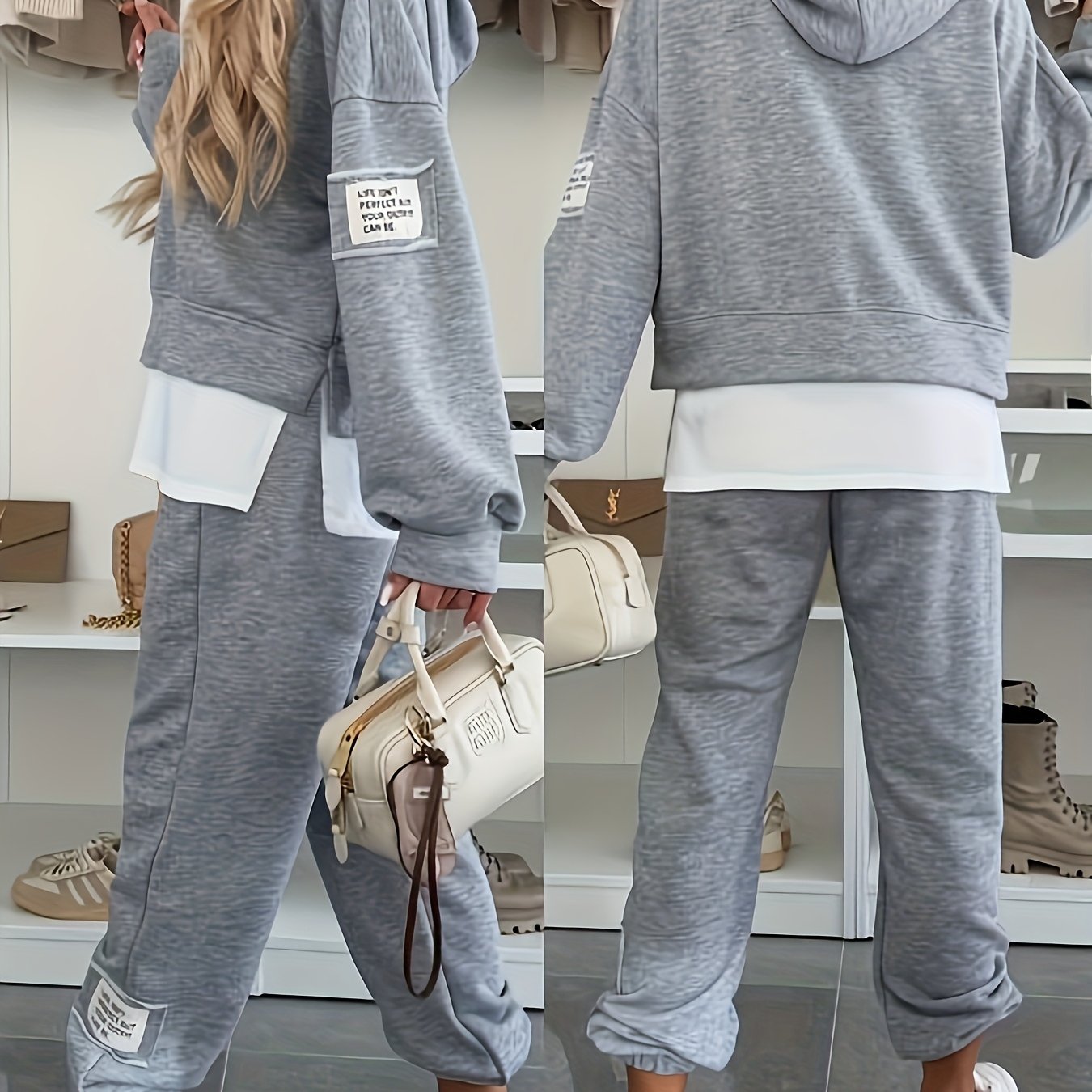 E-shop Damen Kapuzen-Patchwork Casual Sweatshirt-Set, Modischer -Stil, Einzigartiges Etikettendesign an Ärmeln Hose, 2-in-1 Look Kapuzenpullover +
