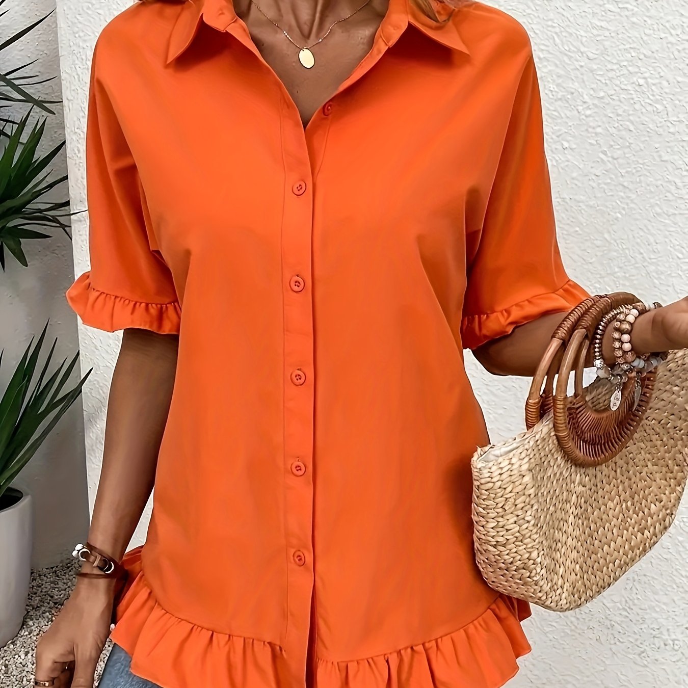TEMU Plus Size - [ Blouse] Elegant Blouse For Women | Solid Color Lapel Collar Shirt With Lettuce Trim | Spring/summer Casual Loose | Sleeve Blouse