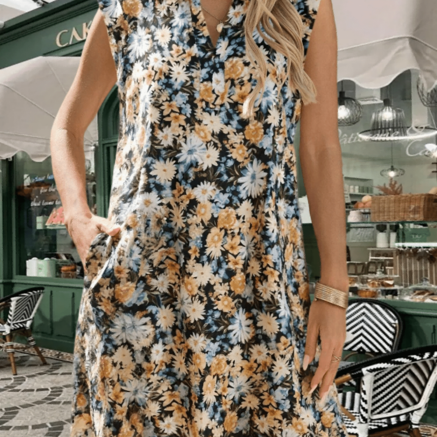 Image of Women's Summer Boho Floral Shirt Dress V Neck Collar Cap Sleeves Loose Fit Dress With Pockets Casual Daily Wear