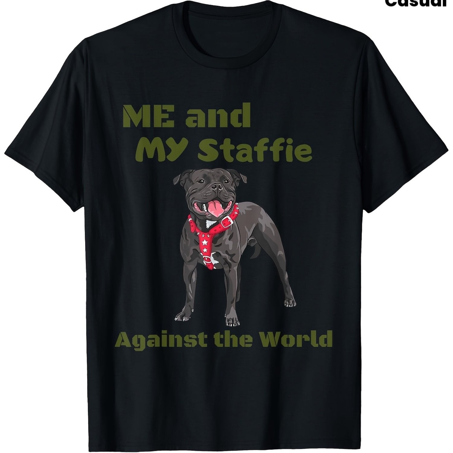 TEMU Men's Staffordshire Bull Terrier T-shirt - " Against The World" Slogan & Graphic Print, Black Crew Neck Short Sleeve Casual Streetwear Suitable