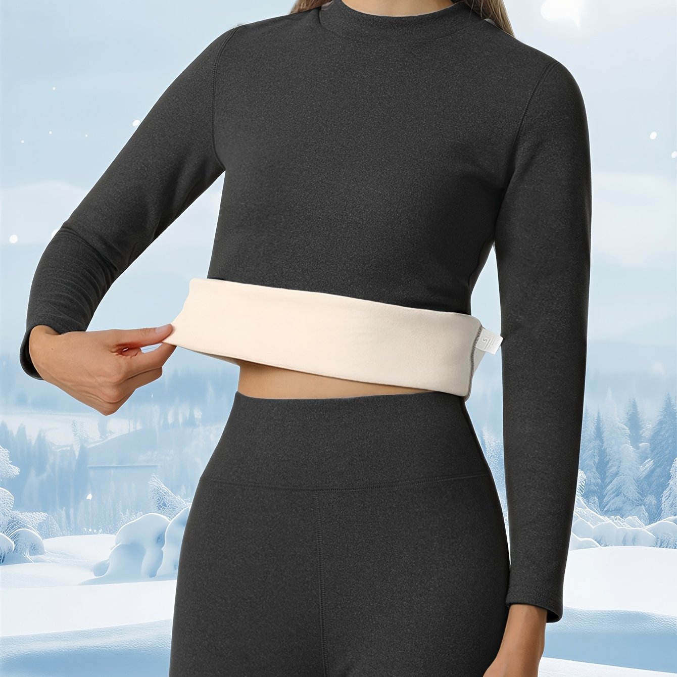 Image of 2pcs Autumn Winter Warm Set Women's Fleece Thick Base Layer Top And Pants Solid Color Elastic Comfortable Long Sleeve Autumn Top And Pants