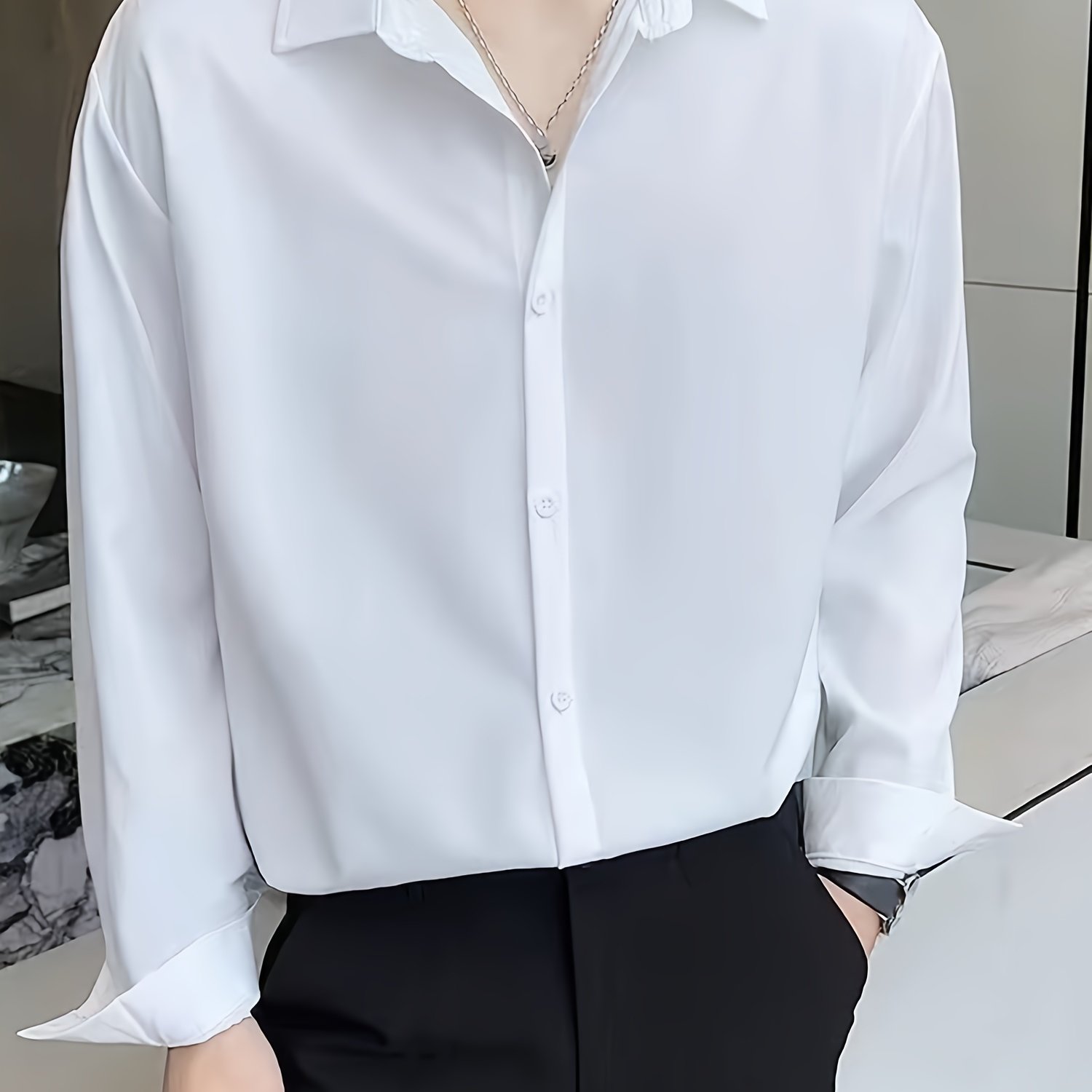 Image of White Shirt Casual Men's Long Sleeve Trendy Korean Style Solid Color Dress Shirt Workwear