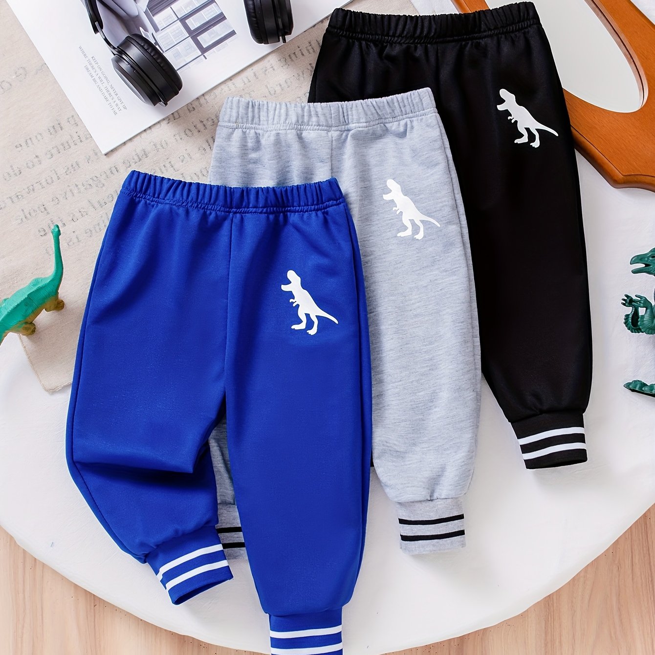 Image of New 3pcs Boys' Casual Dinosaur -block Ribbed Cuff Jogger Pants Set, Suitable For Wear, Perfect For Outdoor,christmas,halloween