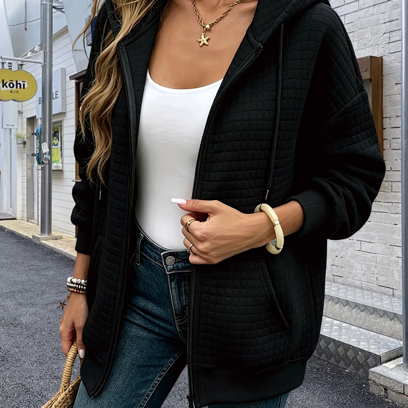 TEMU Women's Waffle-weave Hooded Jacket, Spring Autumn Style, Long Sleeve, Zipper Closure, Loose Fit, Casual Temperament Top, Drawstring Hood Design,