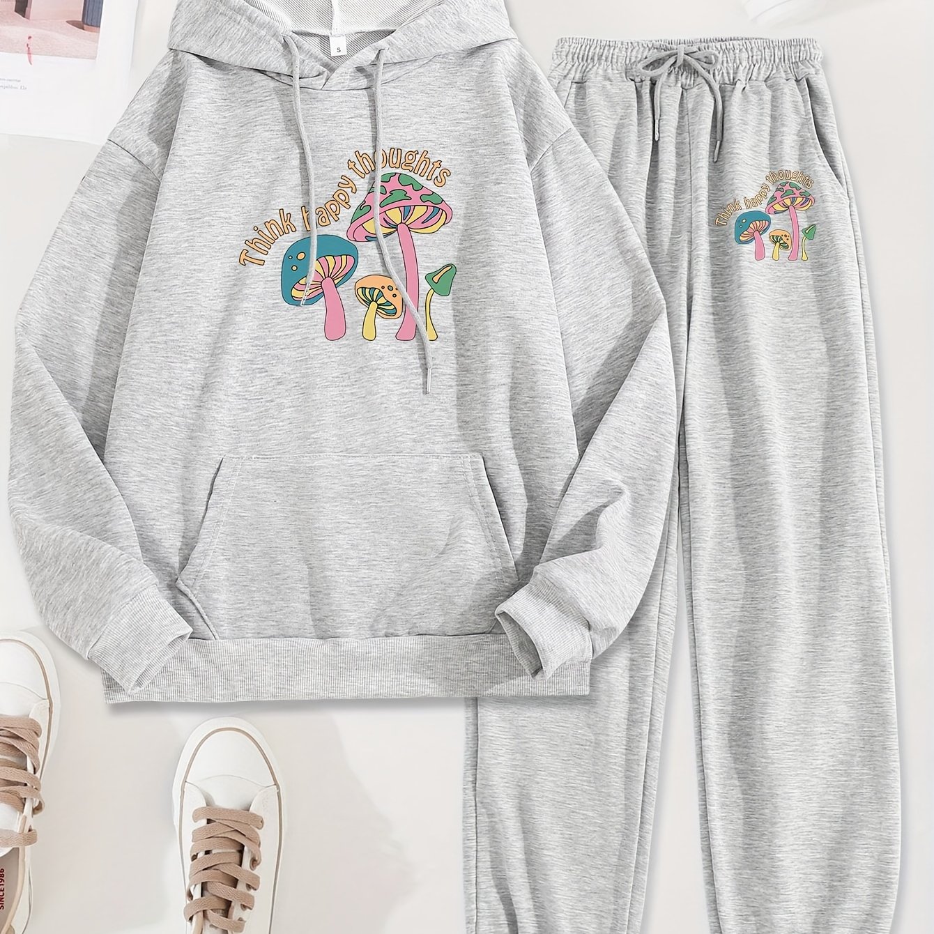 TEMU Women's Letter Print Hoodie & Pants Set - Casual Polyester Two-piece With Pockets, Long Sleeve, Machine Washable For Fall/winter