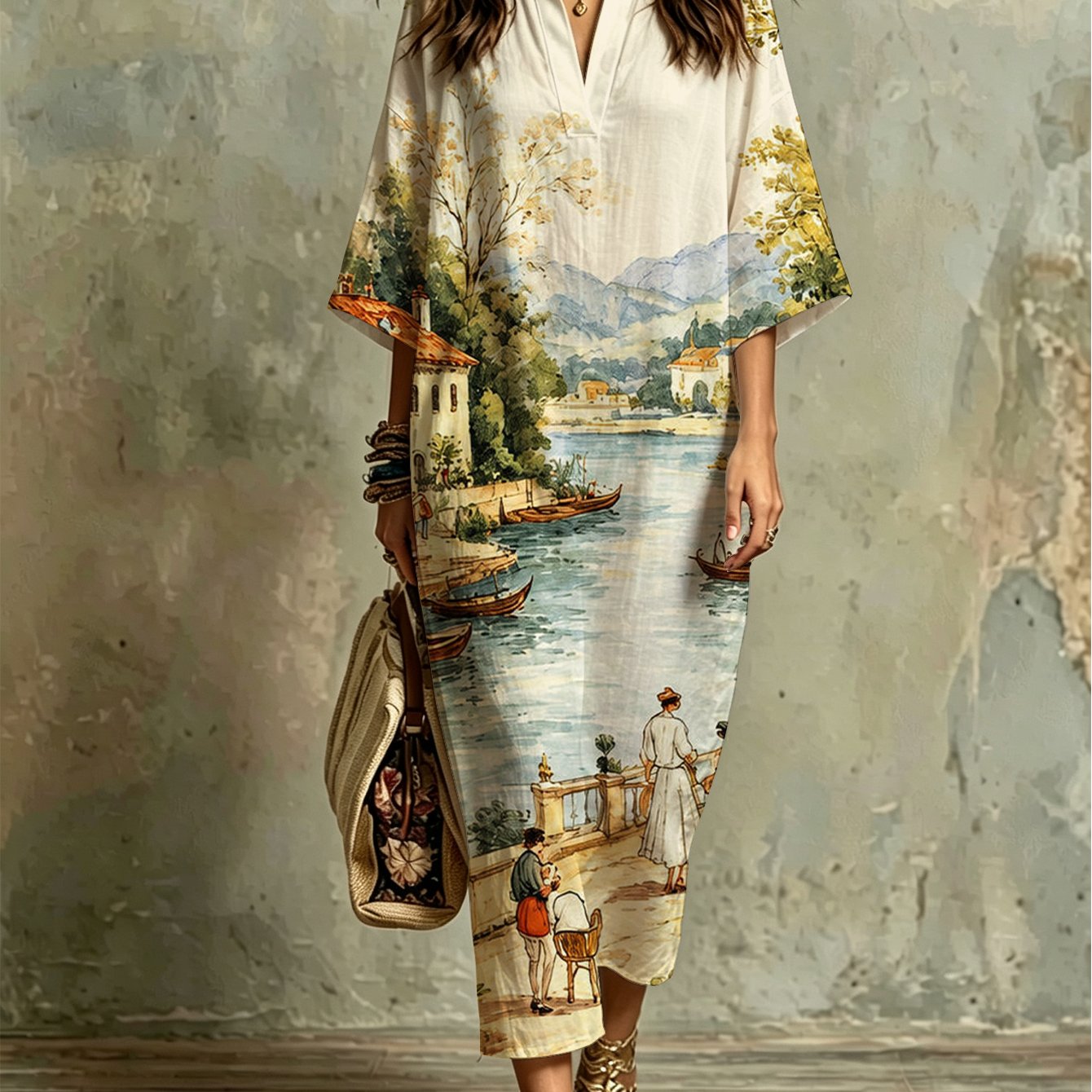 Image of Plus Size, Vintage Watercolor Village Print Fashion Women's Kaftan Dress, Comfortable, Lightweight, Breathable, Loose Fit For Beach Vacation, Summer Holiday, Casual